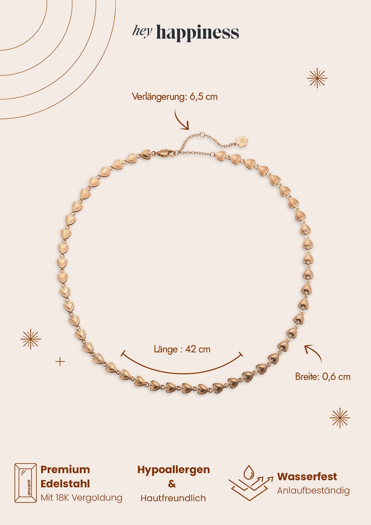 Hey Happiness Herzkette Love Gliederkette, in Gold Rosa Silber, Romantische Damen Halskette aus Edelstahl, Herzdesign – Bild 5 von 5