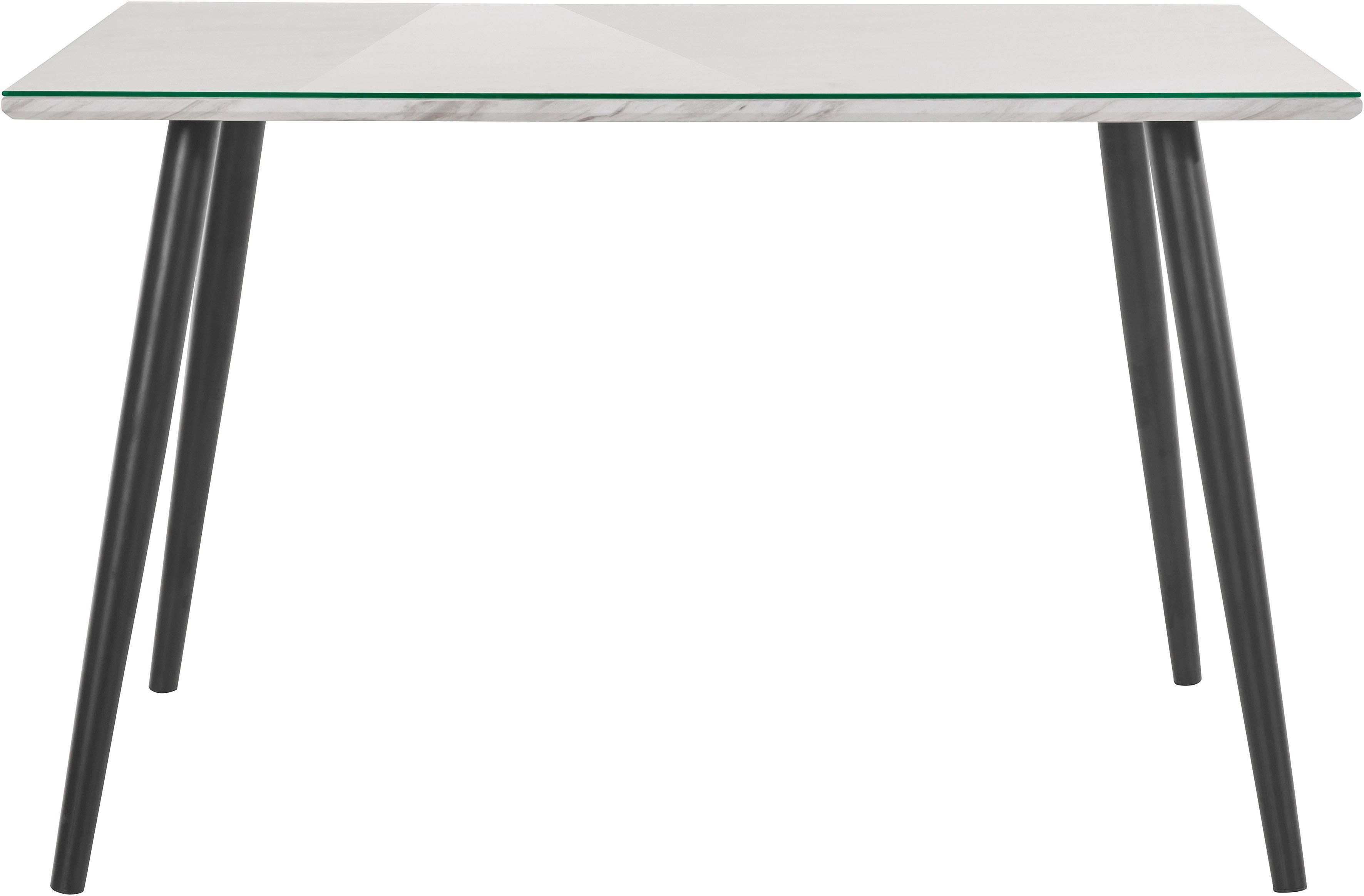 Leonique Esstisch »Lovaria«, Tischplatte in einer pflegeleichten Marmoroptik, mit einer Glasplatte aus Sicherheitsglas, schwarzes Metallgestell, Höhe 75 cm-Otto