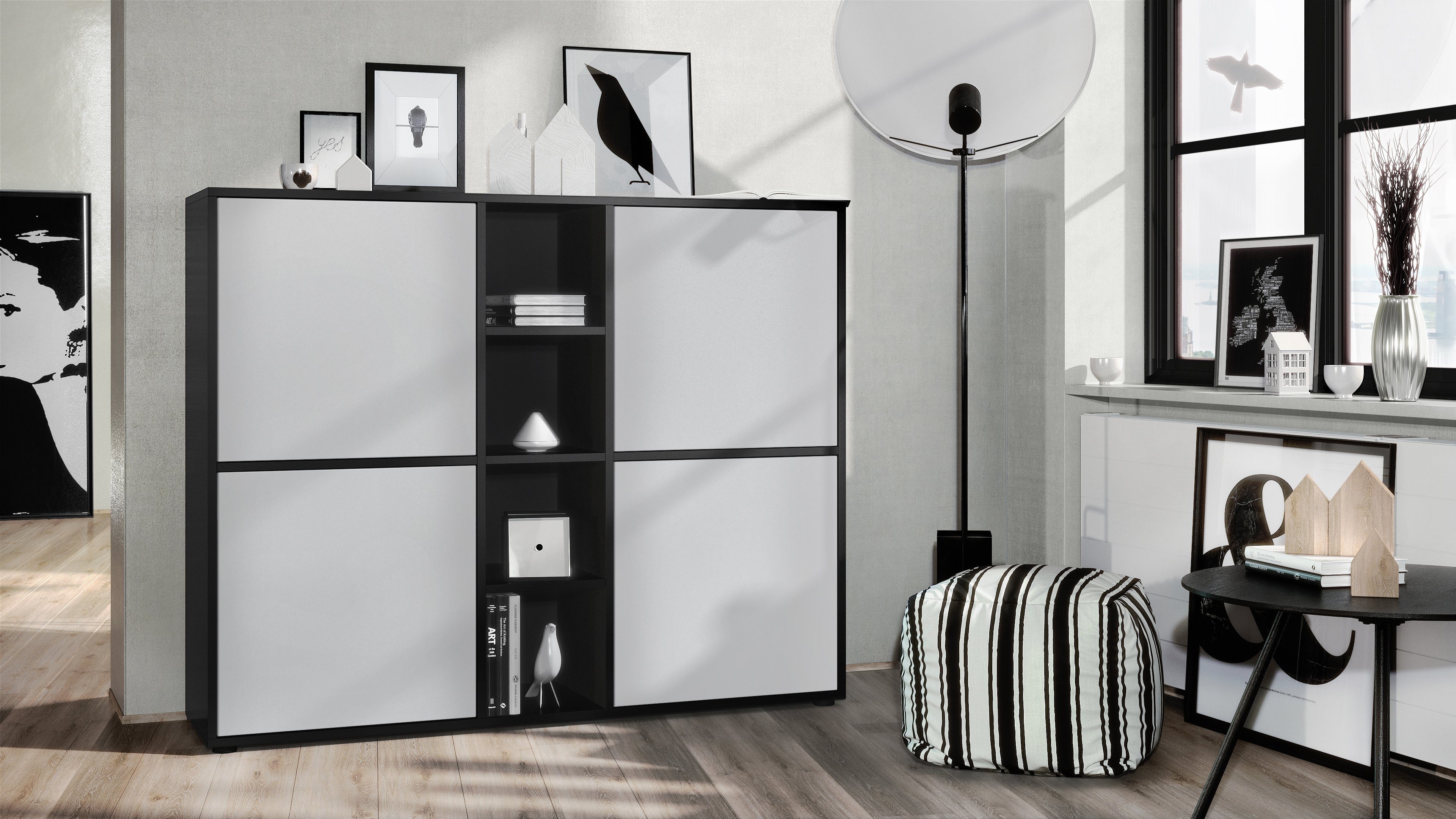 Vladon Highboard Cuba V3 (Highboard, Schrank Anrichte Cuba V3 mit 12 Fächern), in Schwarz matt / Fronten in Hellgrau seidenmatt (130,5x105,5x35,5 cm)