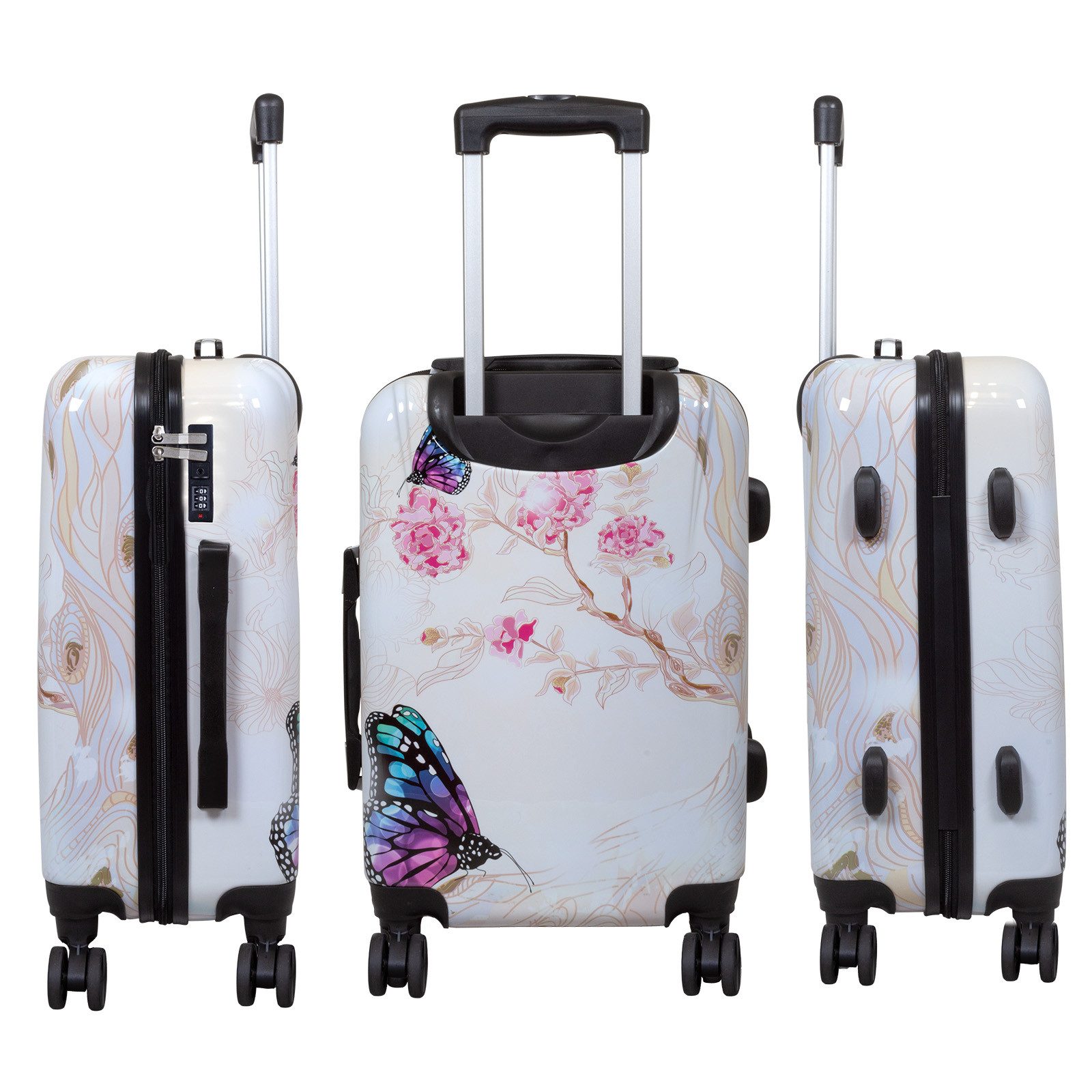 Trendyshop365 Hartschalen-Trolley Hartschalenkoffer mit Schmetterlings-Motiv und Doppelrollen, Zahlenschloss, Dehnfalte, Schmetterling