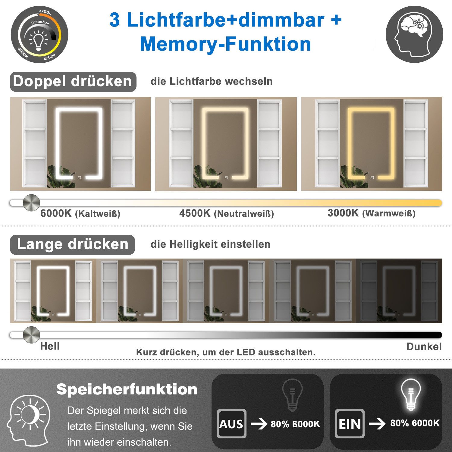 duschspa Spiegelschrank LED Badschrank mit Steckdose drei Lichtfarbe dimmbar Beschlagfrei Touch/Wandschalter, Weiß Matt/Schwarz Hochglanz, 40-100cm