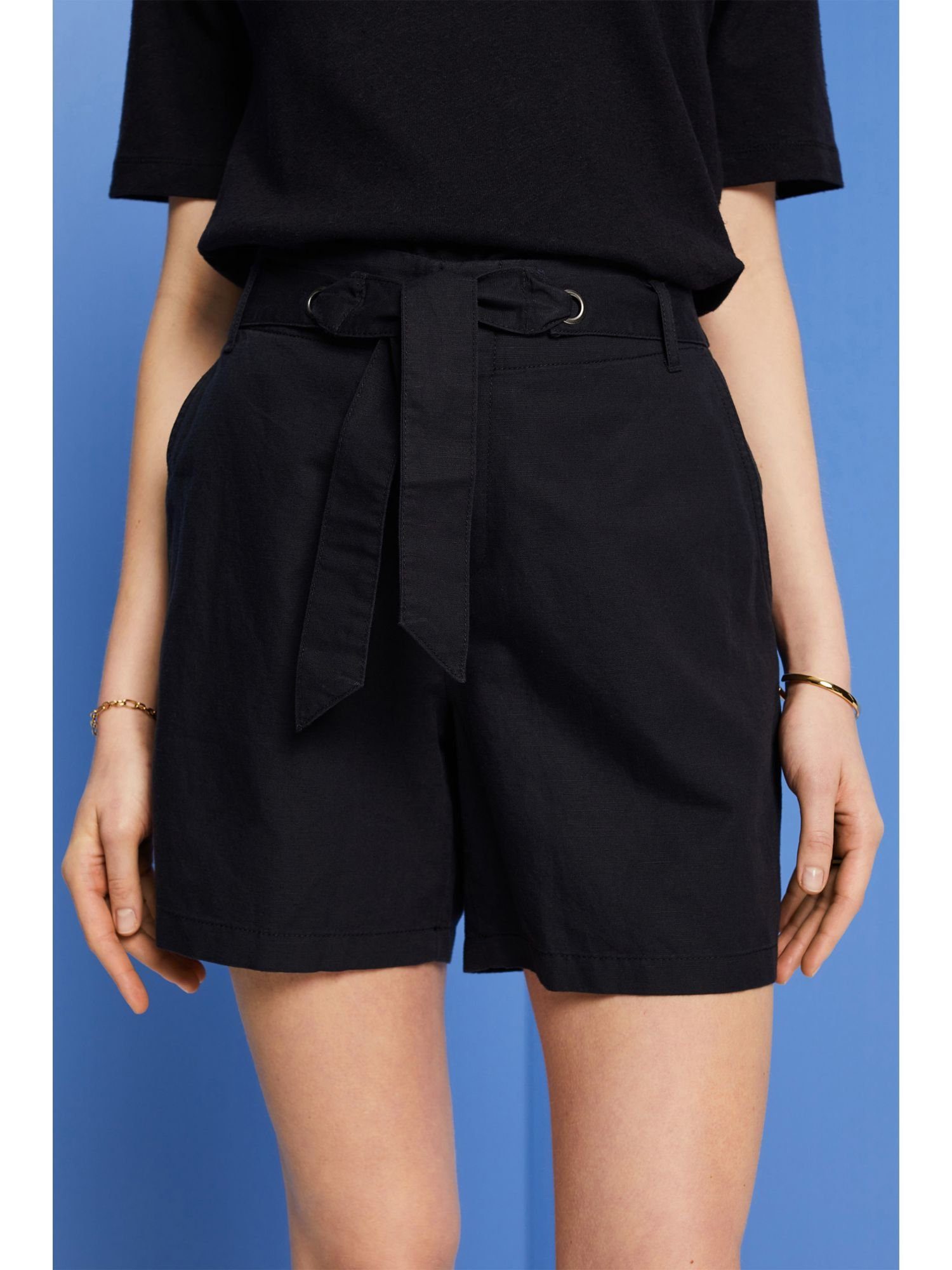 mit Baumwoll-Leinenmix Esprit Shorts (1-tlg) Shorts Bindegürtel, BLACK