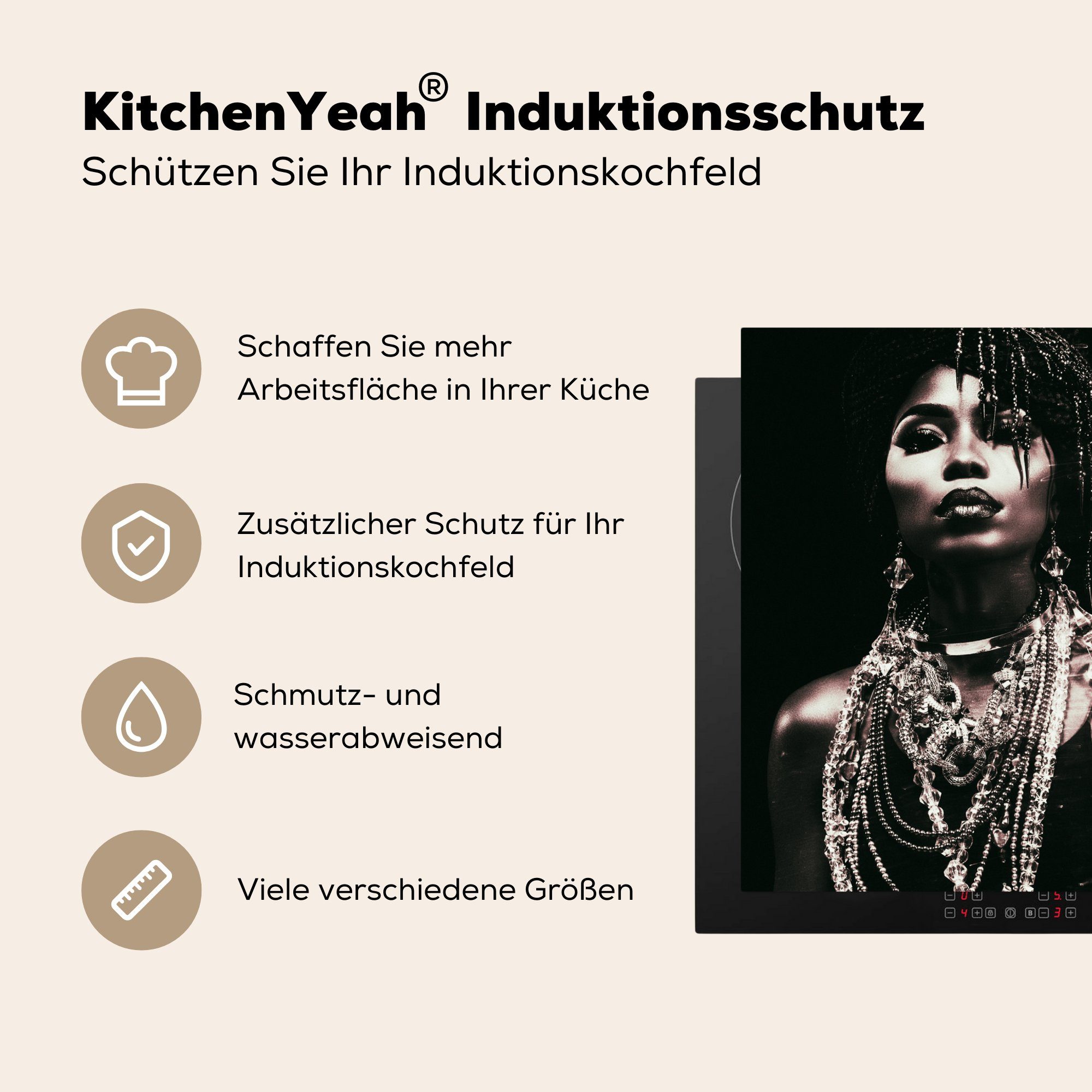 MuchoWow Herdblende-/Abdeckplatte Frau 78x78 - küche (1 Ceranfeldabdeckung, Halskette, cm, - für Vinyl, Arbeitsplatte tlg), Schmuck