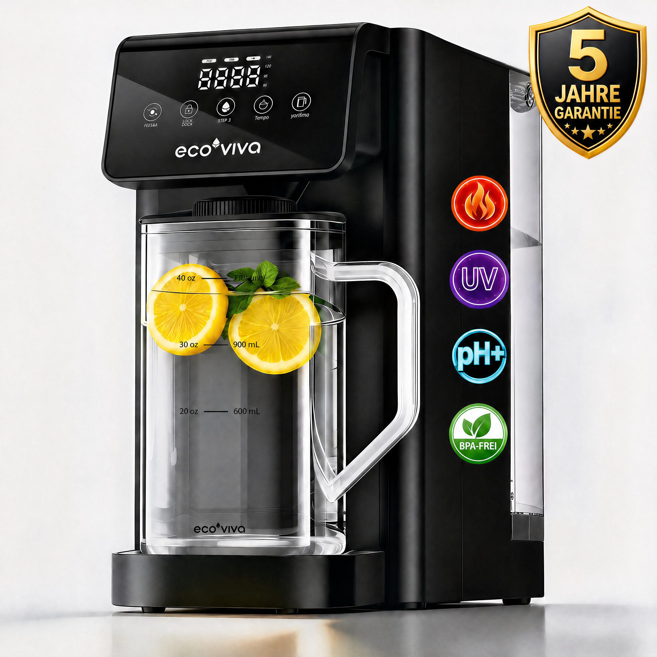 Ecoviva Wasserfilter MATE5 Auftisch Osmoseanlage Trinkwasser mit Heißwasserfunktion, 8-Stufen-Filter, 5 Temperaturen, inkl. 1.2L Glaskaraffe
