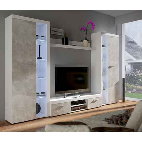 Küchen-Preisbombe Wohnwand Rumba XL Schrankwand Anbauwand Wohnzimmer Beton Optik + Weiss matt, (4-St)