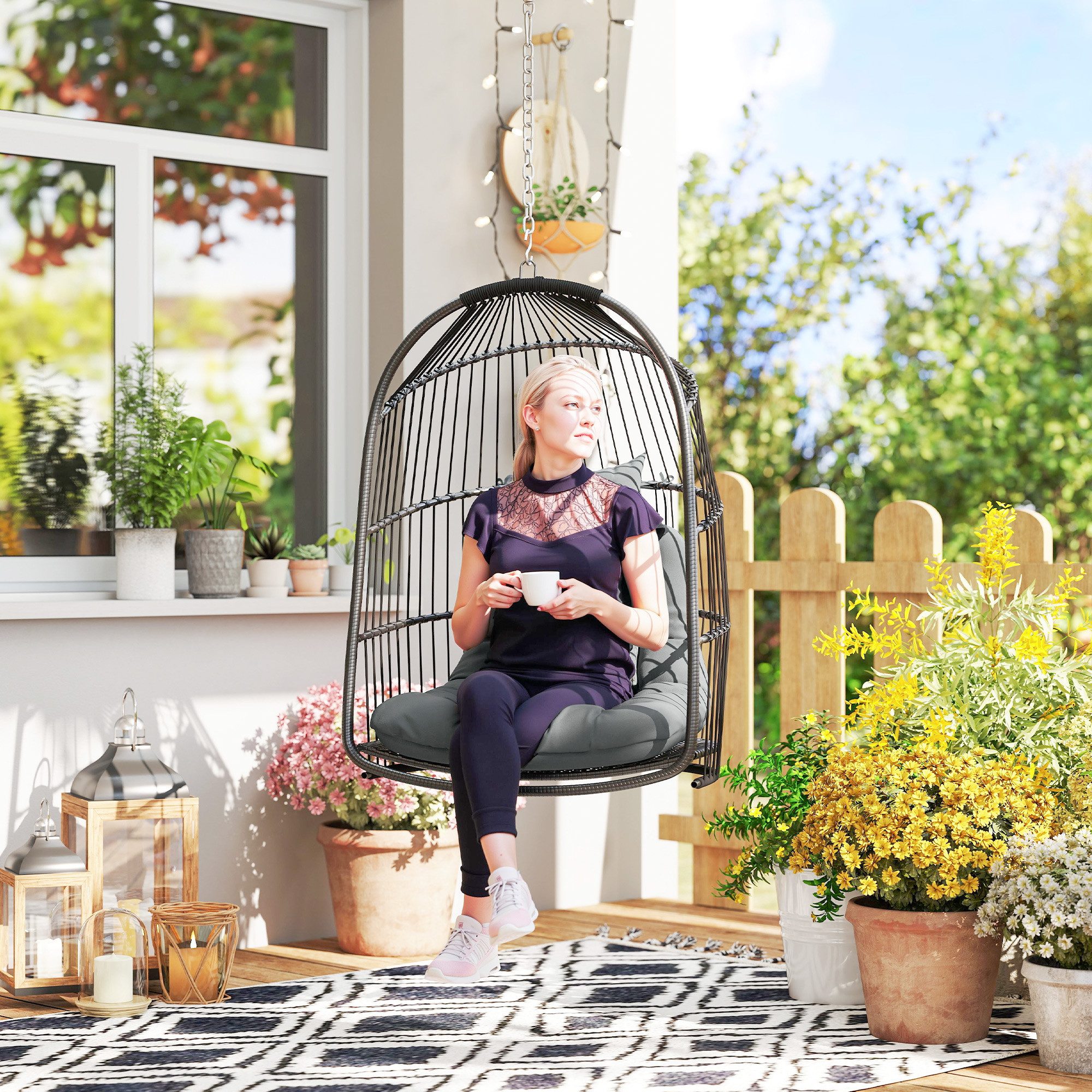 Outsunny Schaukelstuhl Hängekorb mit Kissen Polyrattan Schaukel Outdoor Indoor faltbar (Hängesessel, 1 St), für Wohnzimmer, Balkon, Terrasse, Dunkelgrau