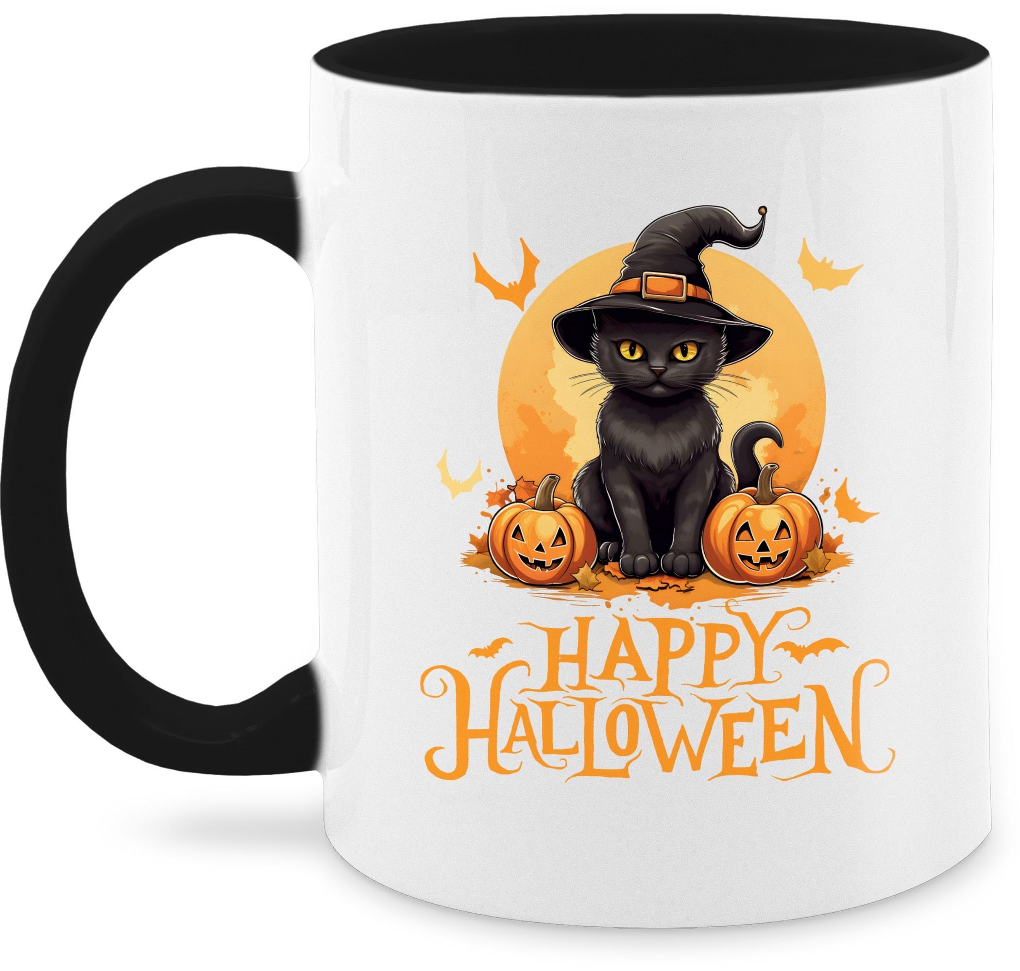 Shirtracer Tasse Happy Halloween Katze Hexenhut Lustig Katzenliebhaber Cat, Keramik, Halloween Tassen 1 Schwarz
