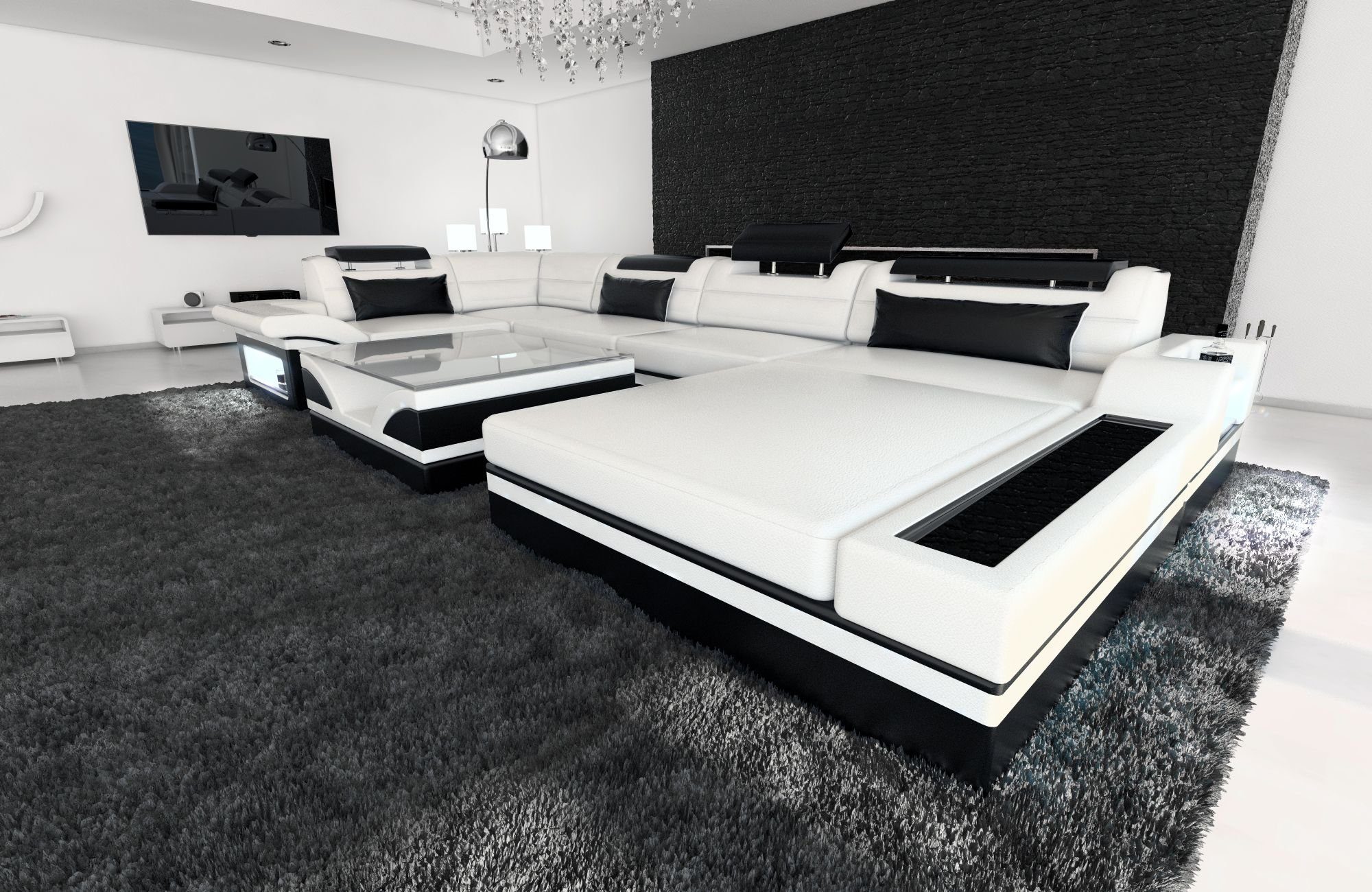 Sofa Dreams Wohnlandschaft Sofa Leder mit LED, mit als Schlafsofa, wahlweise Couch, Ledersofa, Mezzo Designersofa Form U Bettfunktion