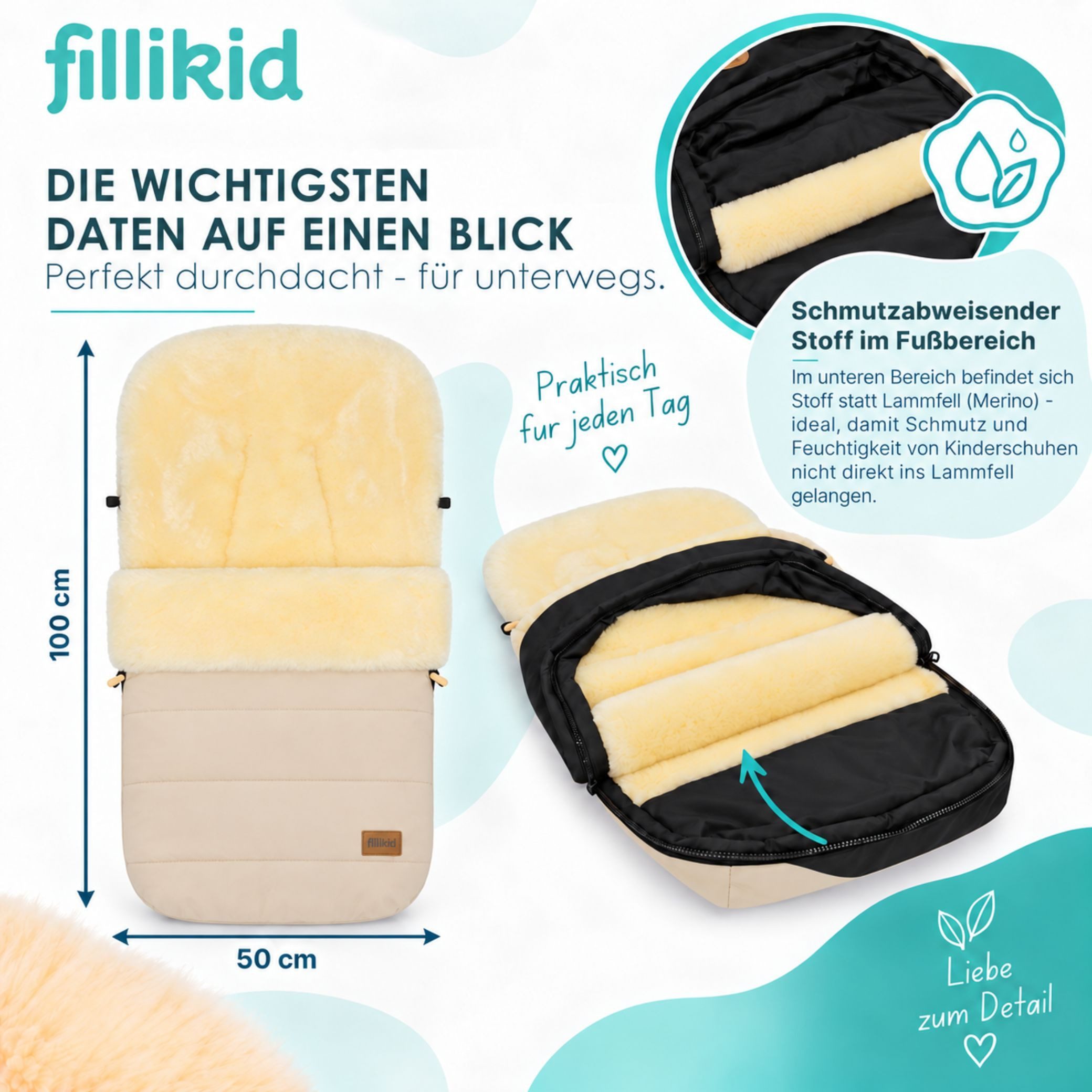 Fillikid Fußsack Winterfußsack Bernina Lammfell Exklusiv, Warmer Winterfußsack mit echtem Merino-Lammfell wasserabweisend und – Bild 4 von 5