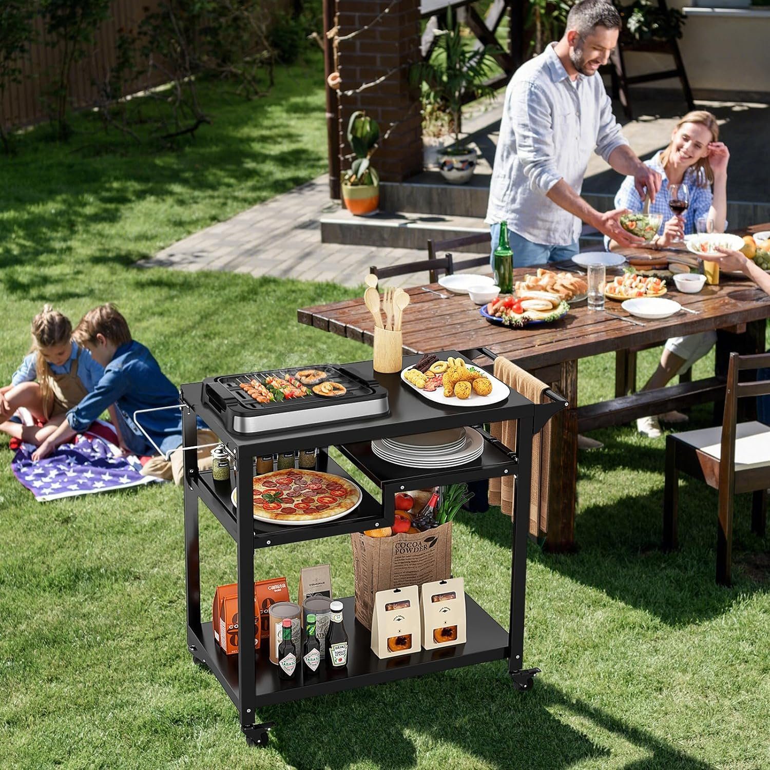 KOMFOTTEU Servierwagen Grillwagen, 4 Ablagen, Haken & Rollen