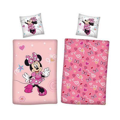 Kinderbettwäsche rosa Minnie Mouse Motiv mit Herzen und Schleifen 135x200 + 80x80 cm, Familando, Flanell, 2 teilig, mit Motiv und Wendeseite