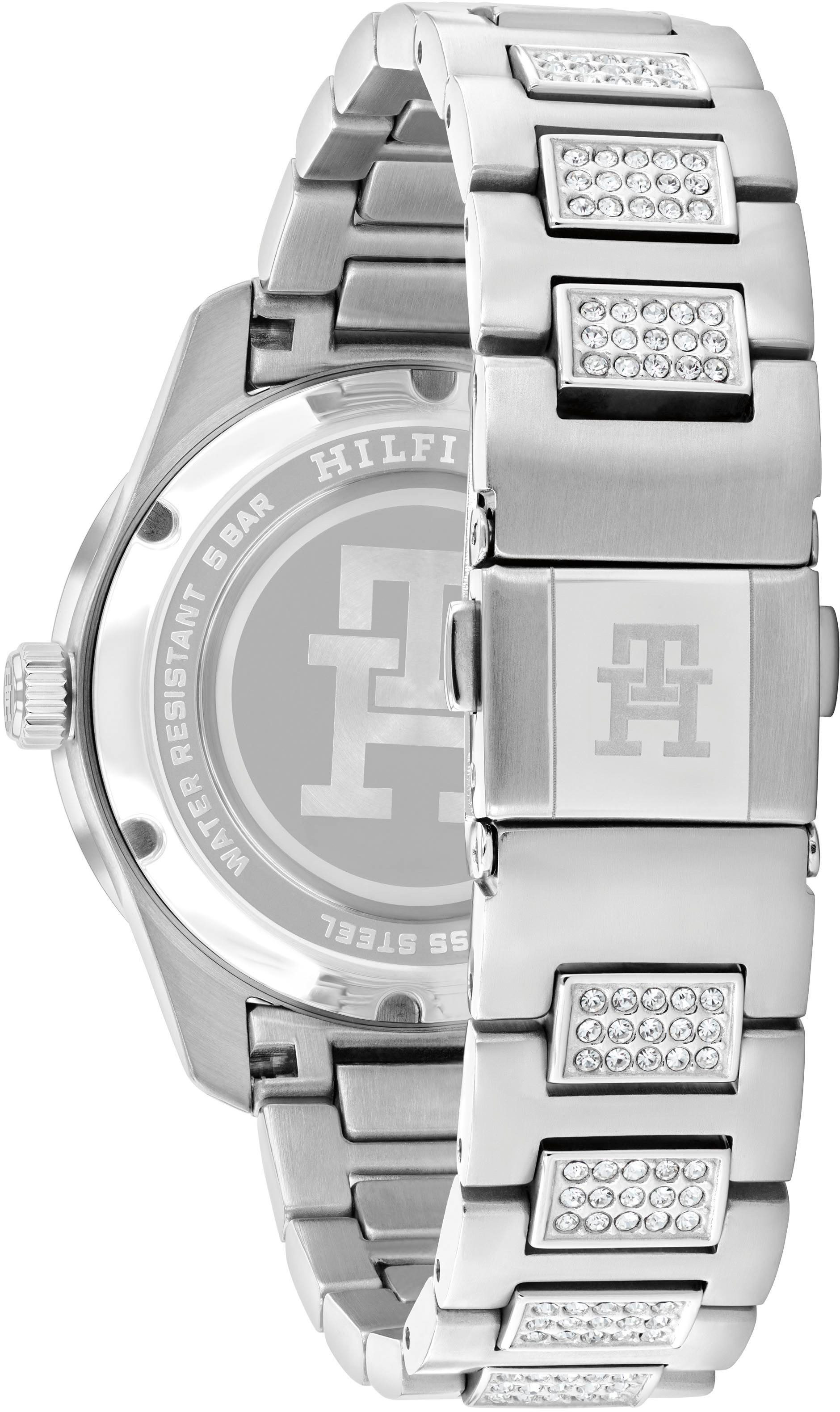 Tommy Hilfiger Quarzuhr TH85 CRYSTALS 1782759, Armbanduhr, Damenuhr, Edelstahlarmband, analog, Tag, Glassteine