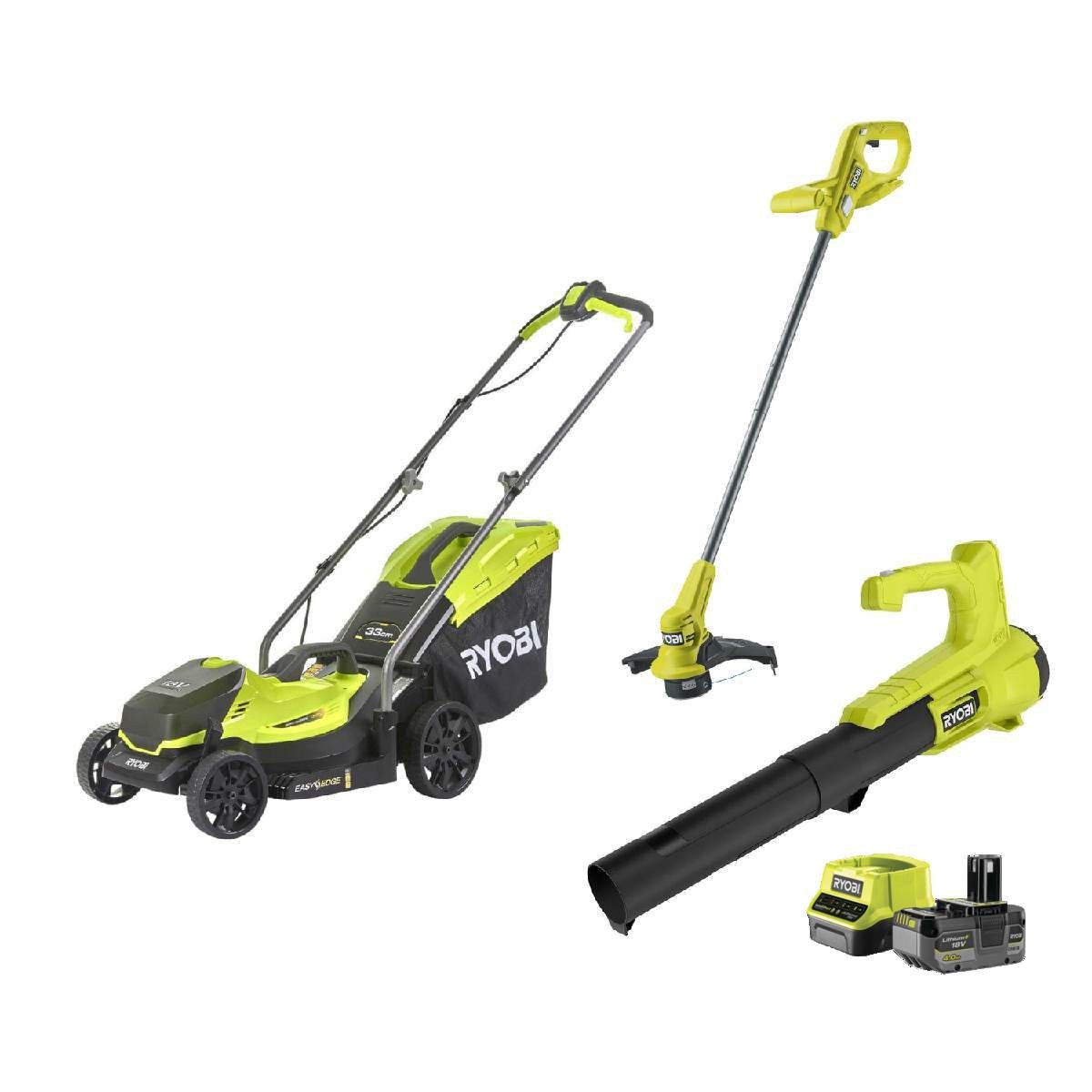 Ryobi Akkurasenmäher Ryobi Set Akku Rasenmäher Rasentrimmer Laubbläser mit Akku & Ladegerät, Ergonomisches Design, integrierter Tragegriff, ONE+ System