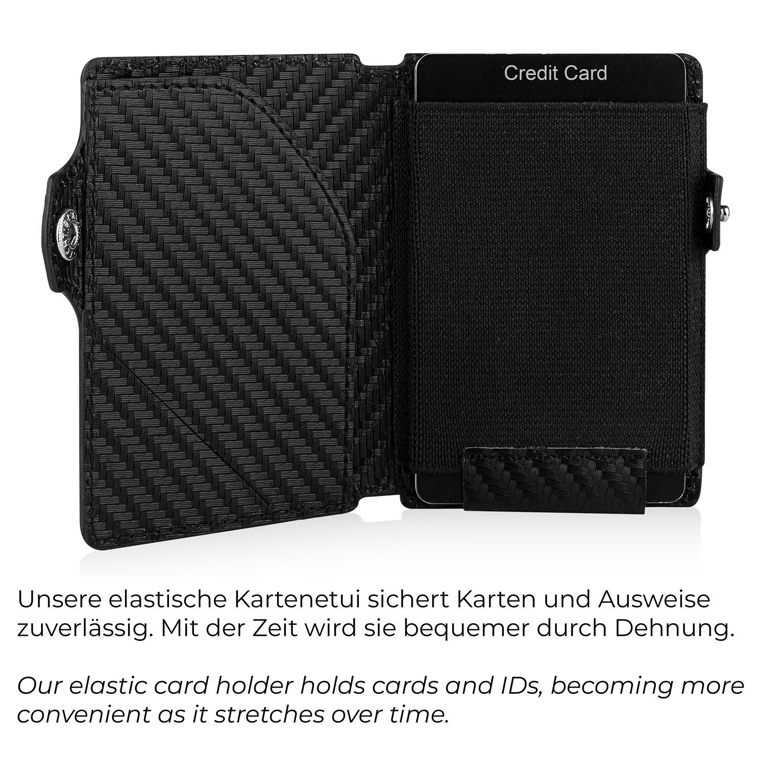 MAGATI Mini Geldbörse aus Echtleder elastischem AirTag Carbon für Karten (mit 14 kleines Hülle, mit Kartenhalter Wallet zu Geschenkverpackung), Kartenetui mini Herren bis mit