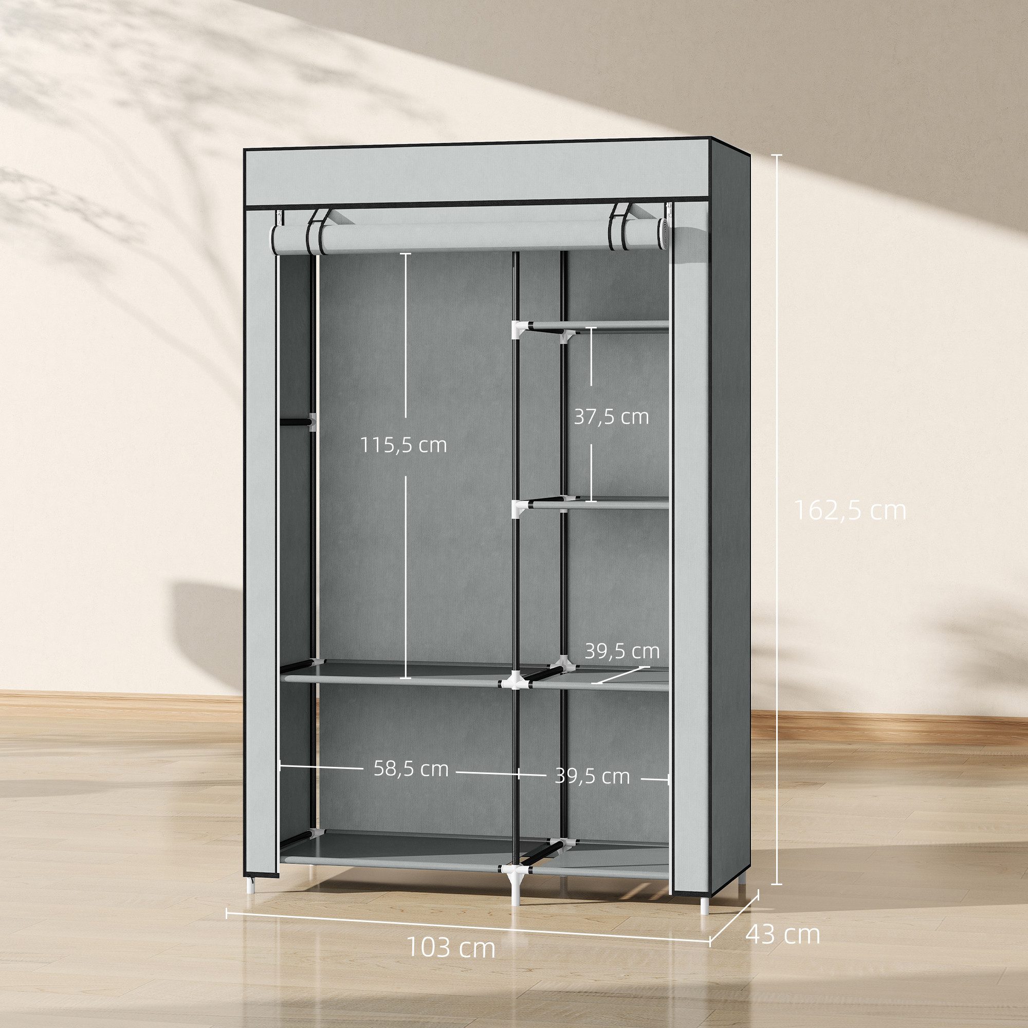 HOMCOM Stoffschrank Kleiderschrank mit 6 Ablagen und Kleiderstange, Ankleidezimmer (Kleiderständer, 1-St., Faltschrank) für Schlafzimmer, Flur, Grau, 103 x 43 x – Bild 3 von 5