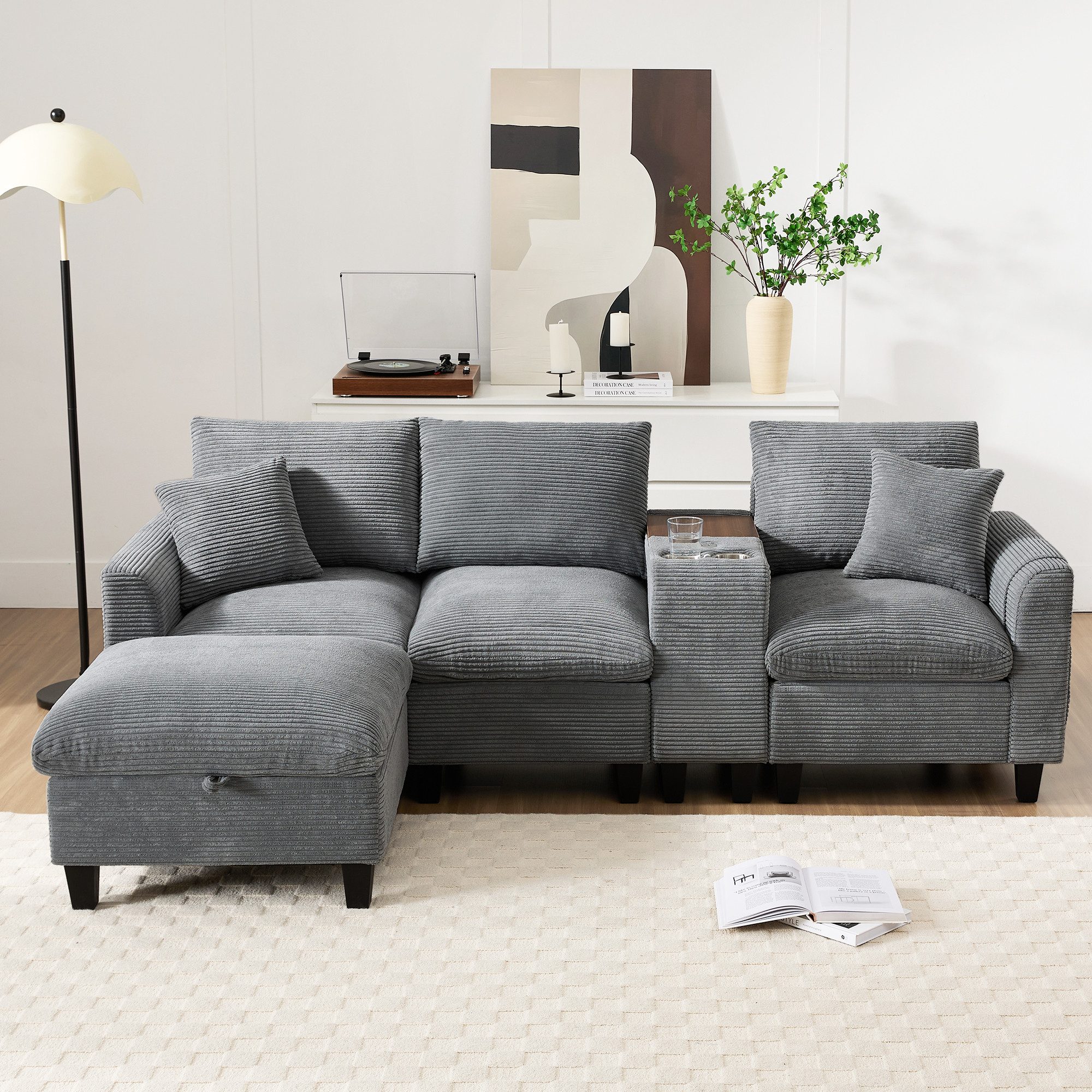 i@home Ecksofa L-Form 4-Sitzer mit USB-Anschluss und Stauraum, Komfort Wohnzimmer Couch für Apartment und kleine Räume, Grau