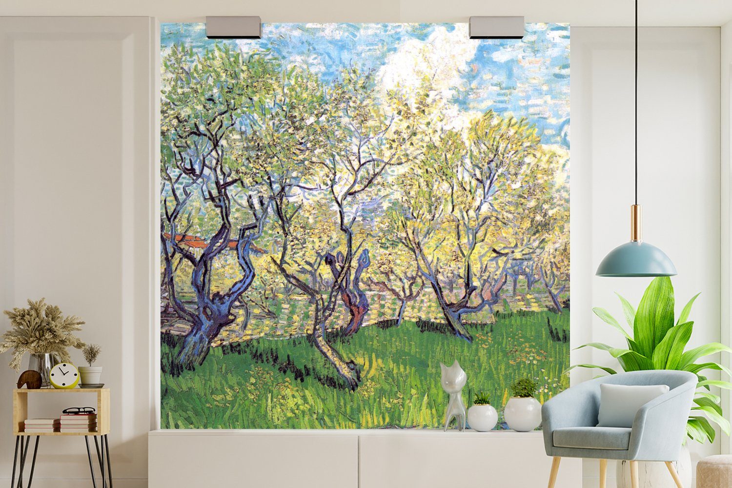 bedruckt, Vincent Fototapete mit Matt, Pflaumen Gogh, MuchoWow Vliestapete Schlafzimmer van für blühenden Obstgarten Fototapete - St), (4 Wohnzimmer Küche,