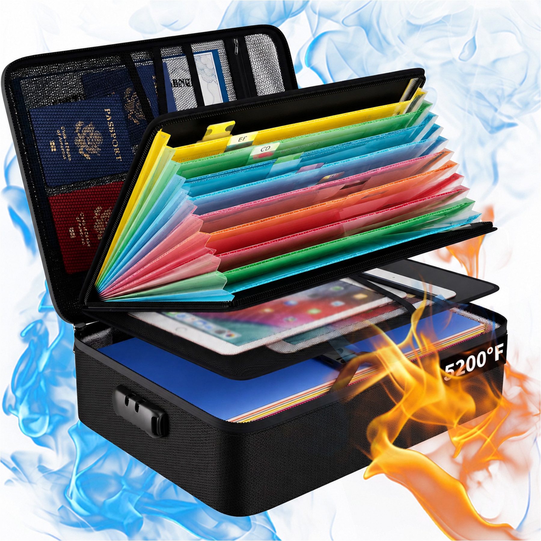 Mutig Dokumententasche Feuerfeste Dokumentenbox, Dokumententasche handtasche (mit 7 Fächer & 16 Kartenfächer Tragbare Aktentasche Zuhause und Büro, Wasserfeste Dokumenten-Organizer, 5200°F A4, Etiketten), für Büro,im Auto, im Safe oder,sondern auch auf Re