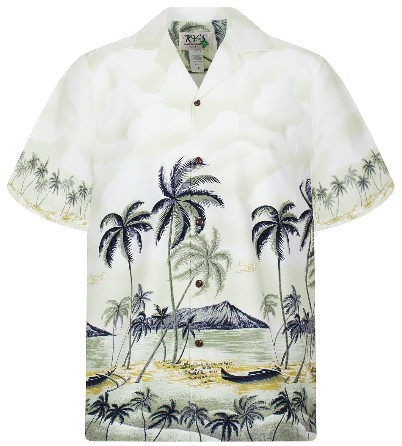 KY's Hawaiihemd "Palmbeach" Herren Kurzarm Baumwolle Kokosknöpfe Original Hawaii