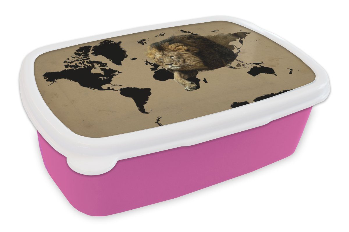 Kunststoff, Brotdose Kunststoff rosa Erwachsene, Löwe, Brotbox Kinder, Weltkarte - - Schwarz Snackbox, Mädchen, Lunchbox (2-tlg), für MuchoWow