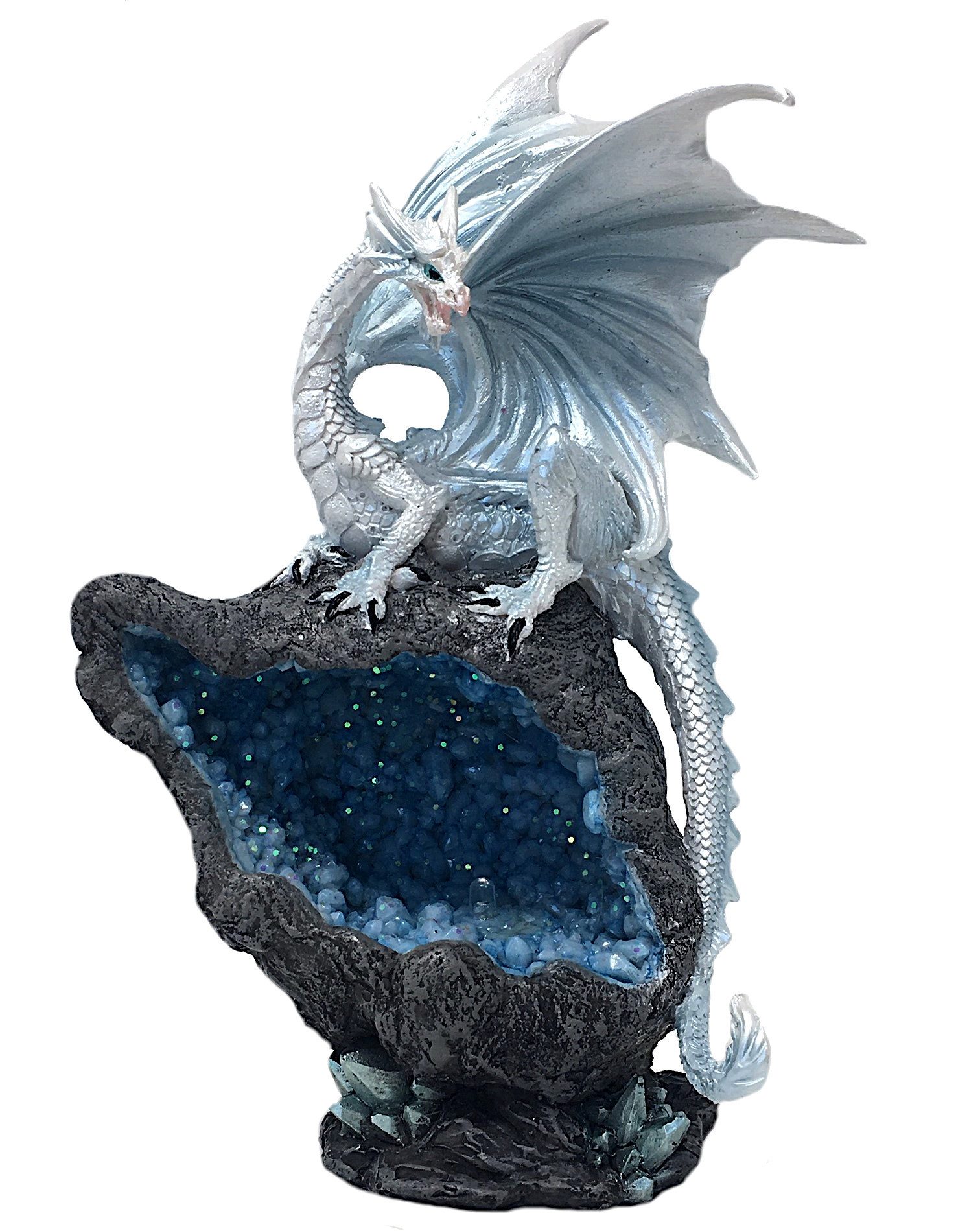 MystiCalls Fantasy-Figur Weißer Drache auf Kristallfels mit LED Drachenfigur Figur Fantasy (1 St), Perfekt zu jedem Anlass - Geburtstag, Weihnachten