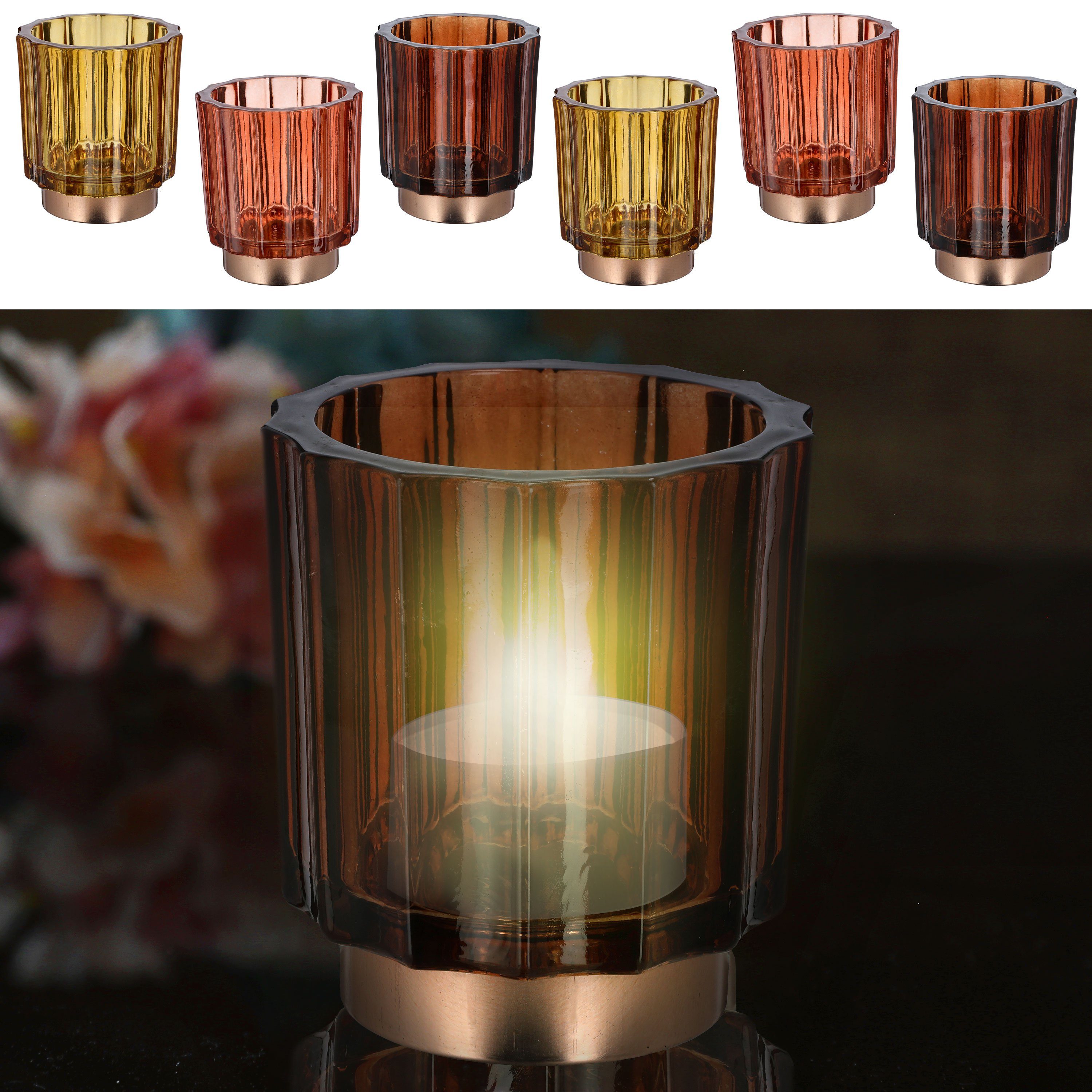 CEPEWA Teelichthalter Windlicht 3er Set 9,2x10cm 3 Farben Glas Sockel