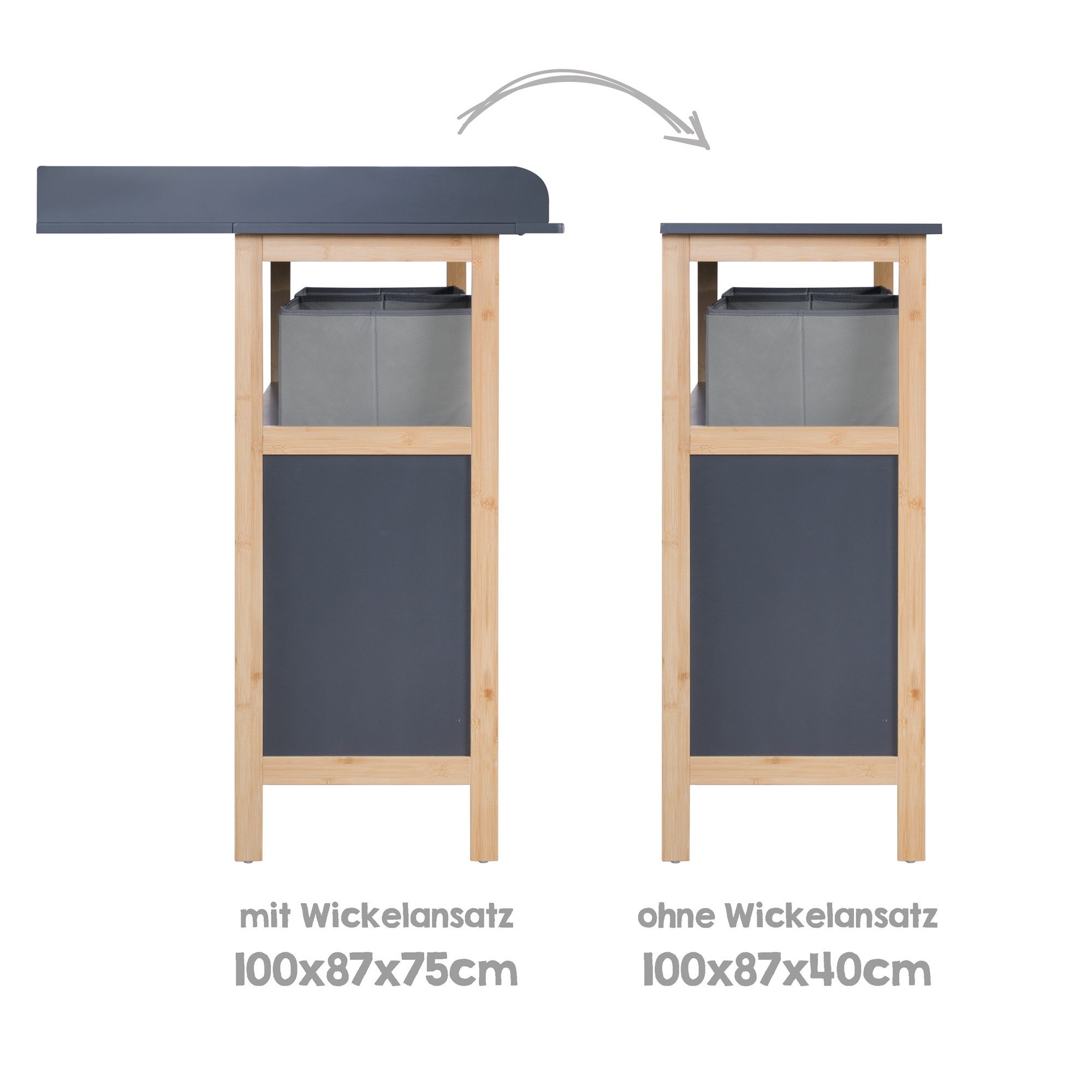 roba® wrap dresser Berlin - Frame + handles made of bamboo wood - Anthracite, removable wrap attachment - changing table with 2 drawers & fabric boxes