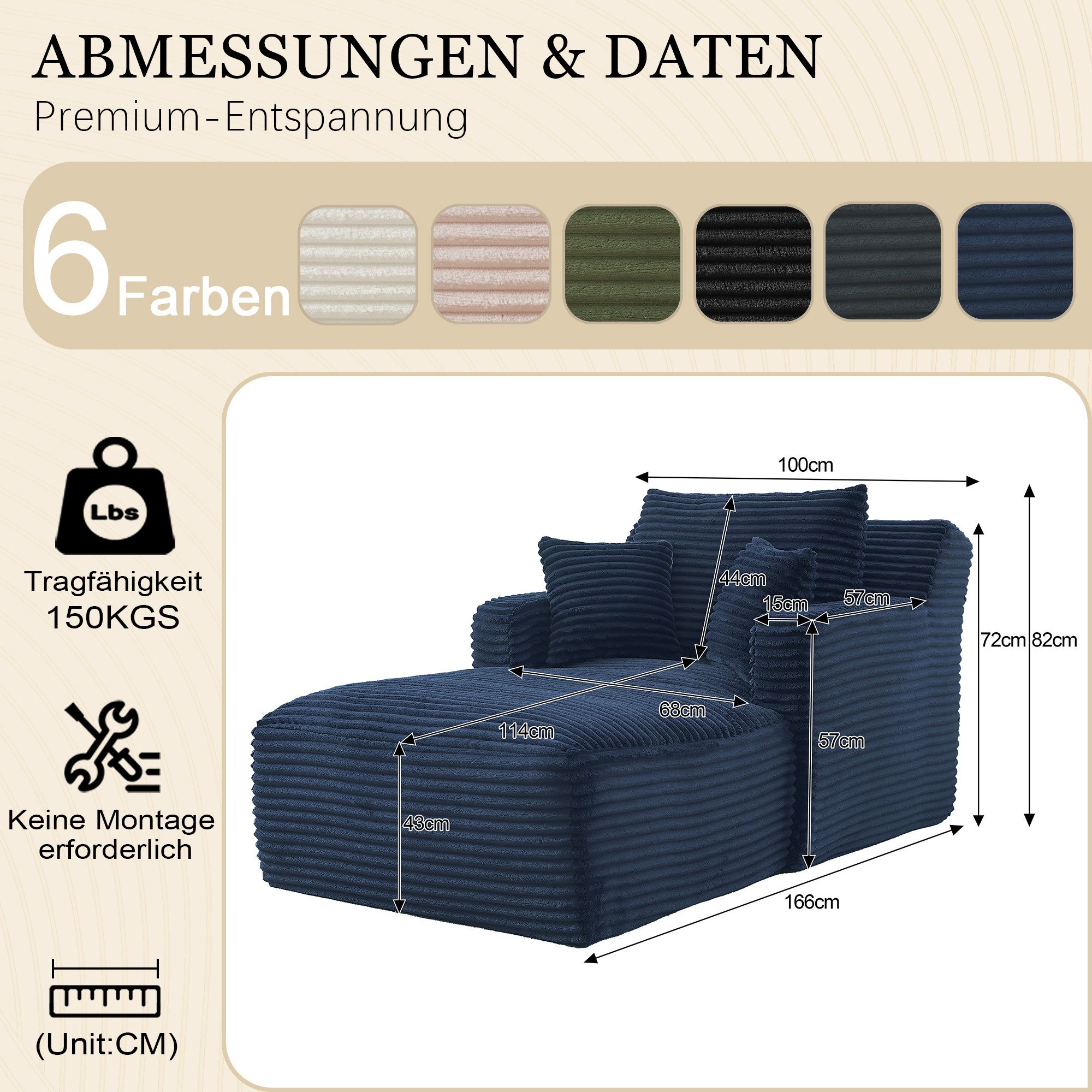 GLP Chaiselongue Bodensofa mit Schlaffunktion, Cord Chaiselongue Relaxsessel Schlafsofa ohne Montage