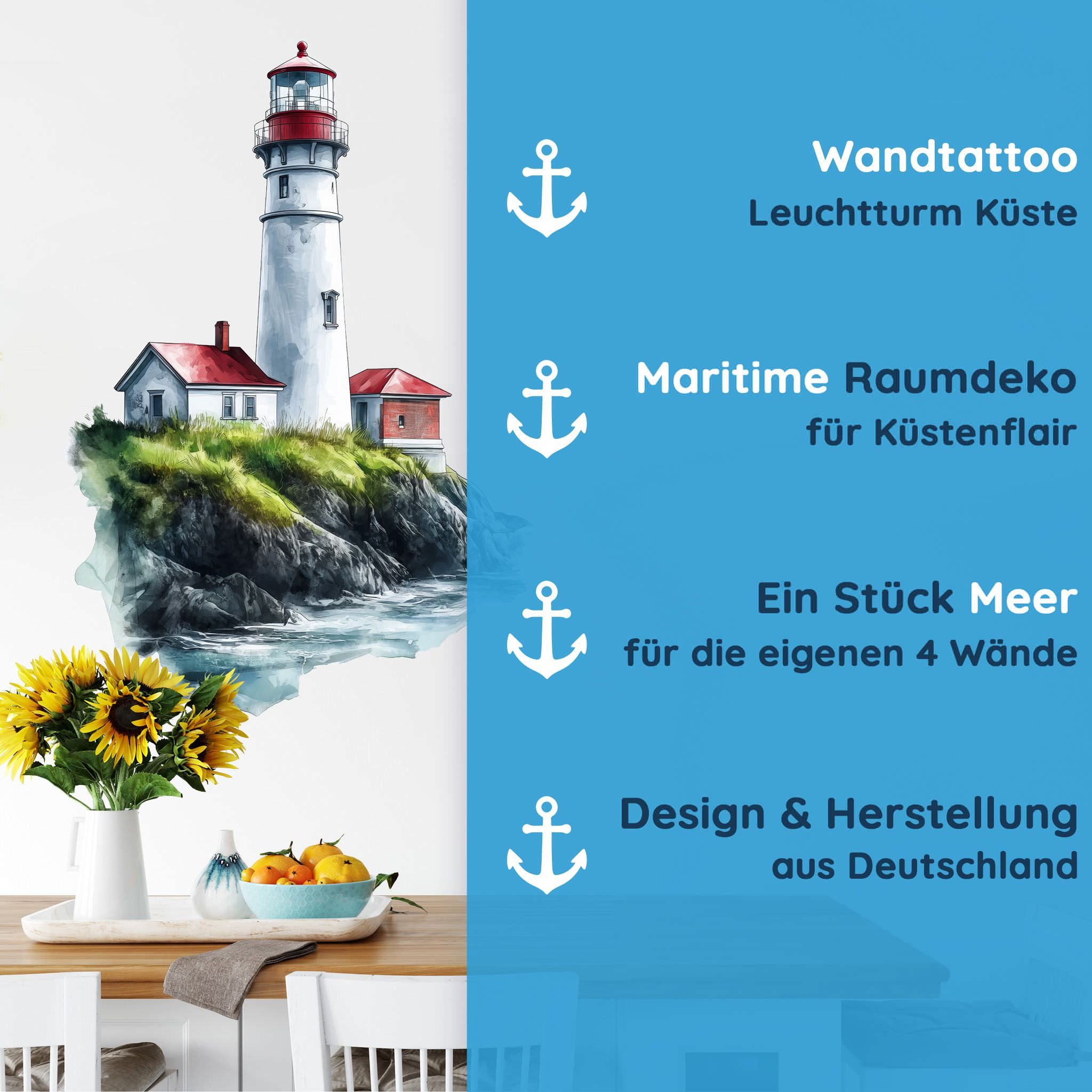 Sunnywall Wandtattoo Aufkleber Maritim Leuchtturm auf Klippe – Aquarellstil, selbstklebend, konturgeschnitten, rückstandslos entfernbar – Bild 4 von 5