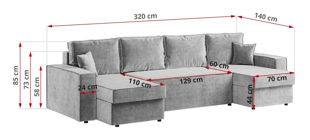 mit Schlaffunktion - MÖBEL Ecksofa U U, DENVER - Couch Polstersofa MKS Form Bettsofa,