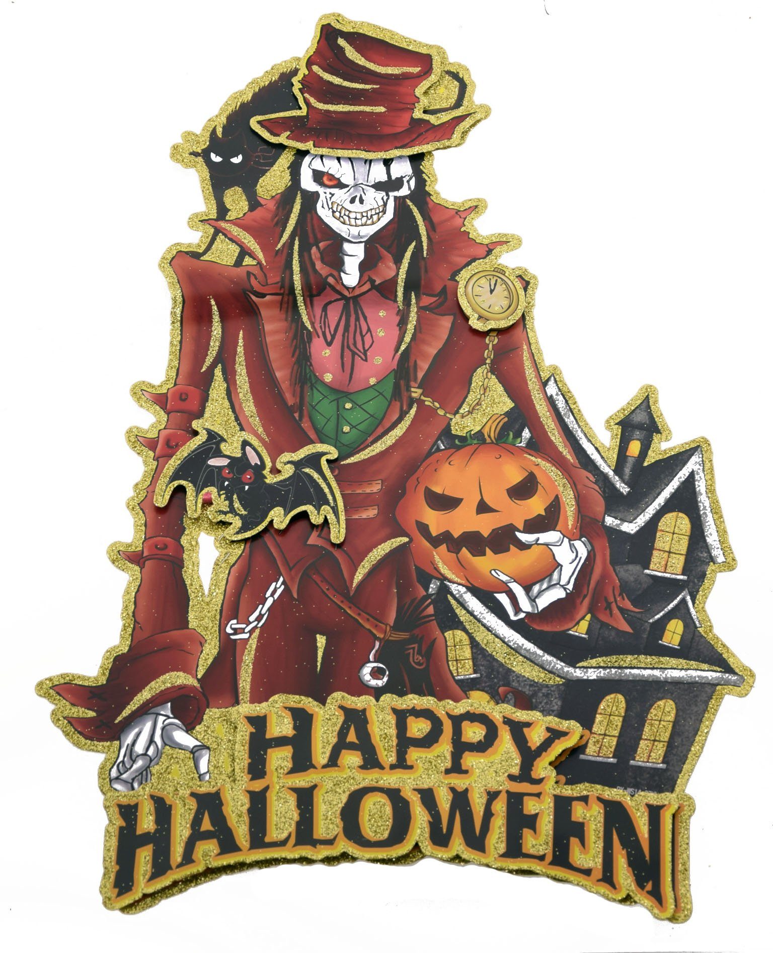 Halloween F.I.G. - Papier/Pappe - mit Dekoration Happy Dekoobjekt Hut Skelett (58x39cm)