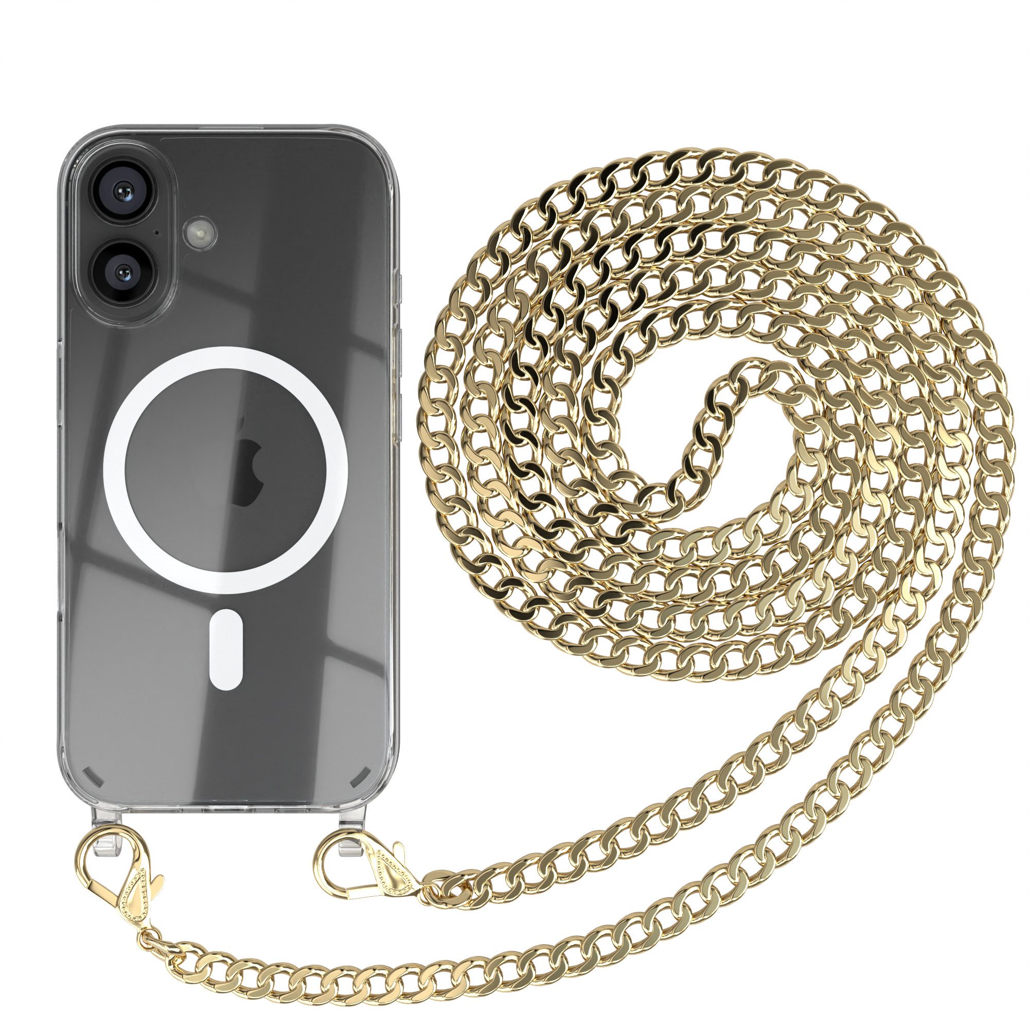 EAZY CASE Handykette 2in1 Metallkette MagSafe Hülle für iPhone 16 6,1 Zoll, Handyhülle Transparent Smartphonekette für Unterwegs Necklace in Gold