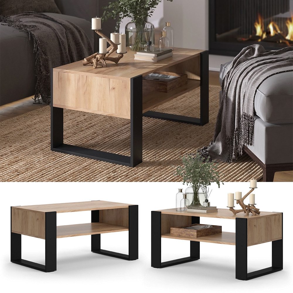 Vicco Couchtisch Olli, Goldkraft Eiche/Schwarz, 92 x 52,4 cm mit Ablage günstig online kaufen