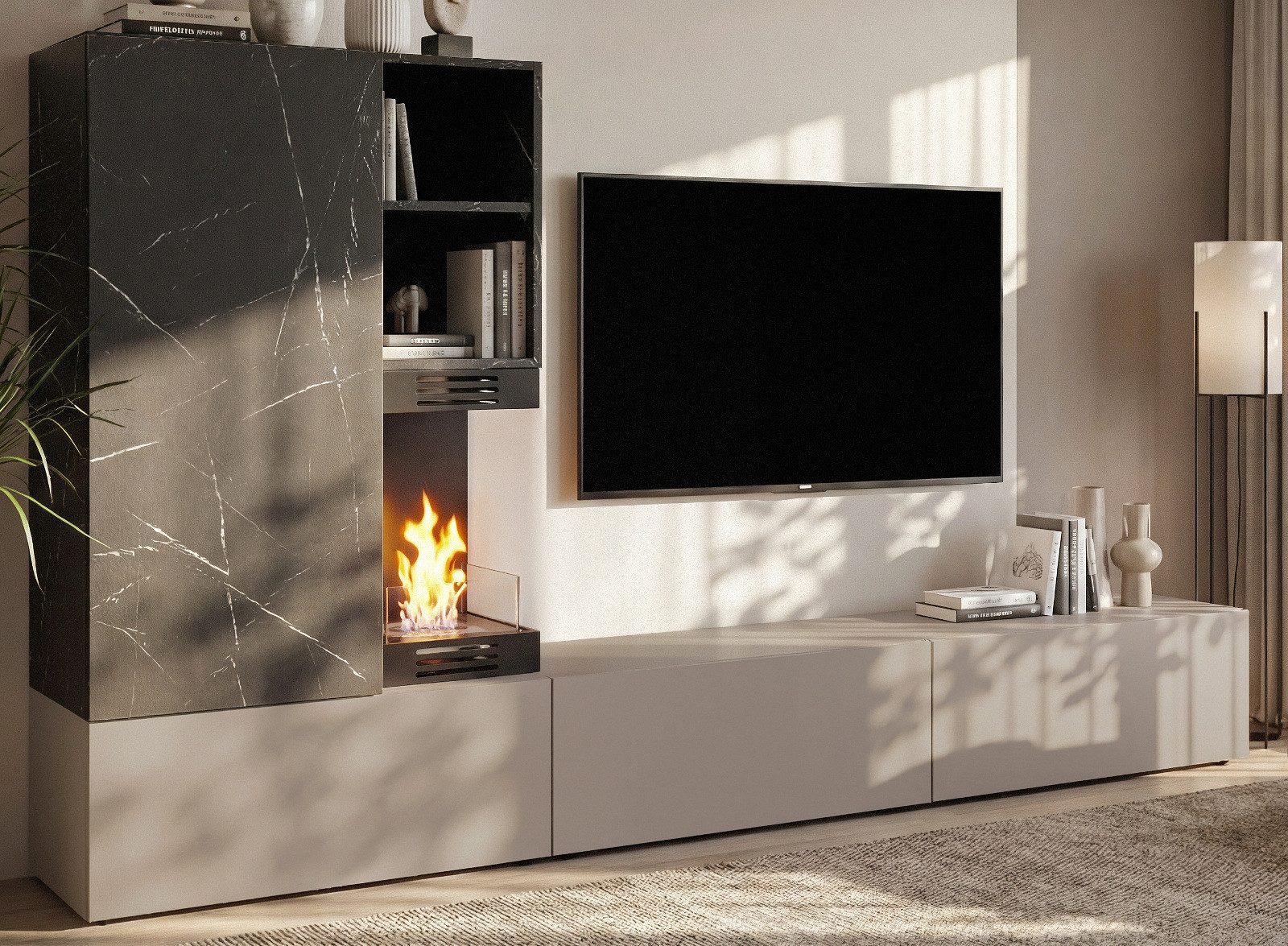 Inn.Furn Wohnwand Cosy, (TV Schrankwand in Marmor und hellem Grau, 6-St., integrierter Kamin, 270 x 158 cm), mit viel Stauraum und Push-To-Open-Funktion – Bild 5 von 5