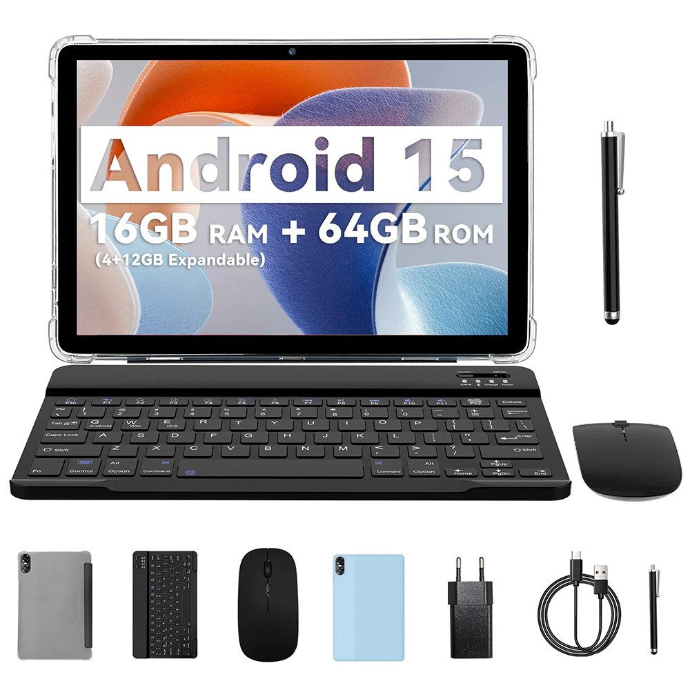 PRITOM 10 Zoll Android 15 Tablet, WiFi 6, mit Tastatur, Maus, Hülle, Hellblau Tablet (Dual-Box-Lautsprecher,6000mAh,64GB)
