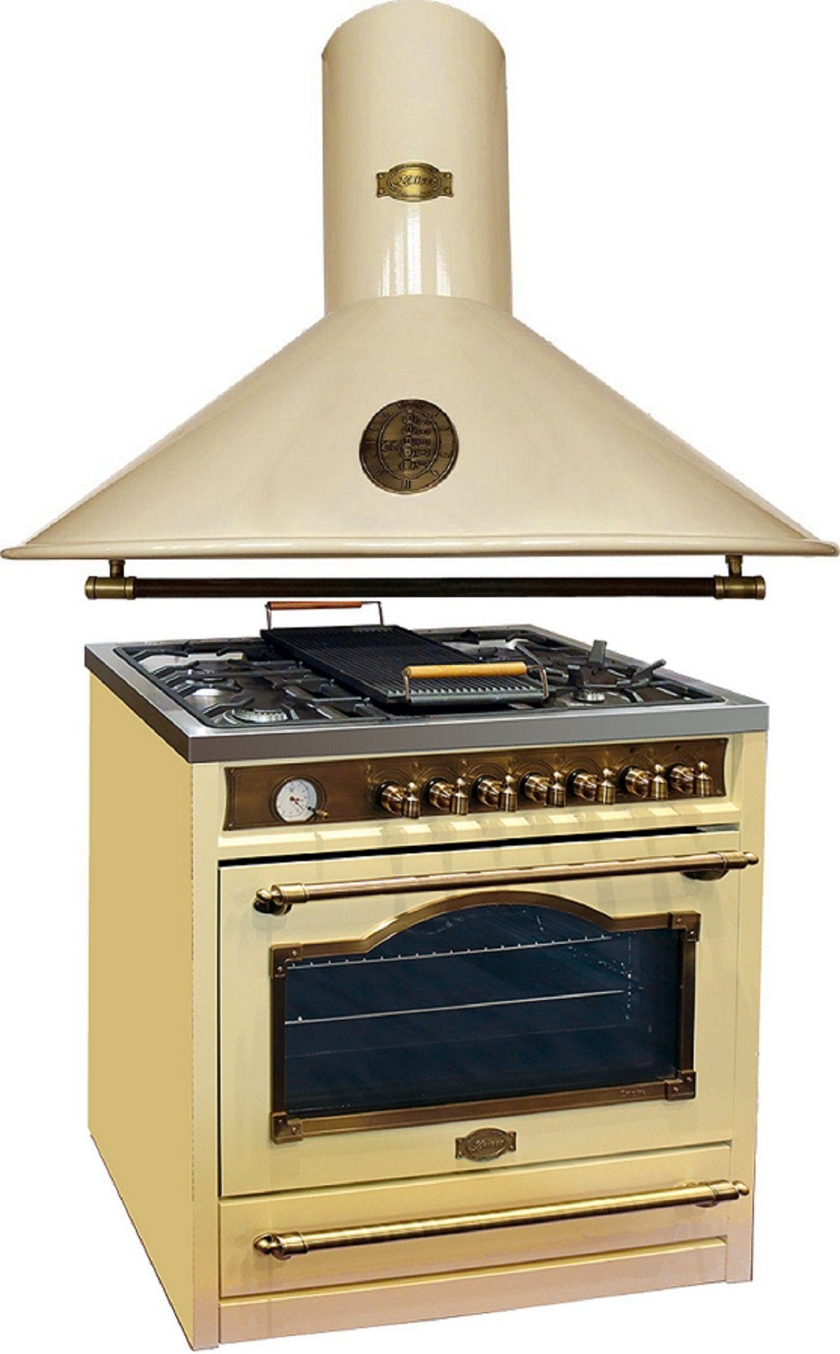 Kaiser Küchengeräte Gas-Standherd HGE 93555 ElfEm+A 9423 ElfBE Eco/4, Retro Gas Elektro Standherd 90 cm +Dunstabzugshaube, 90 cm