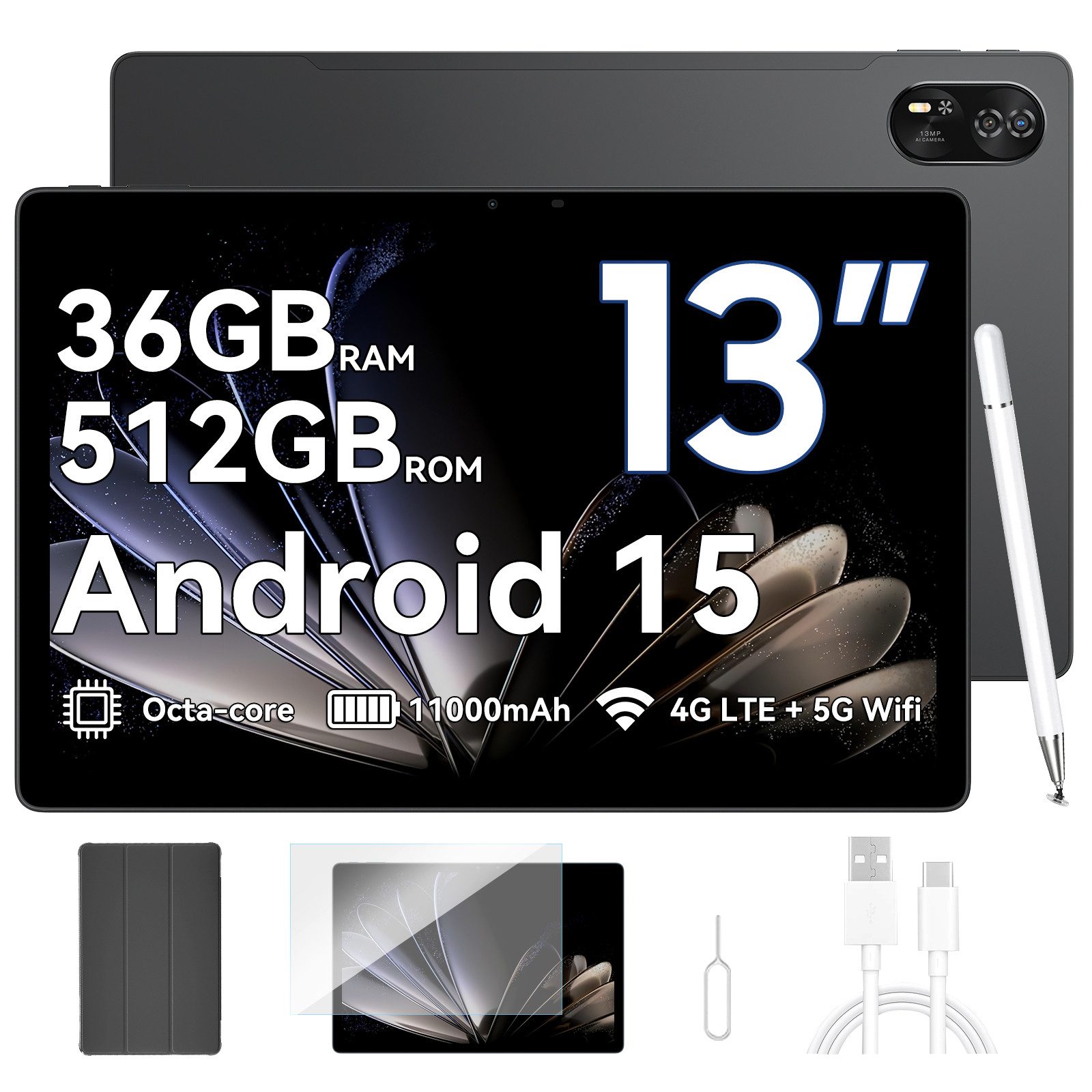 blackview Mega8 13' 4G LTE 12GB+512GB/256GB incl. Stift/Hülle Tablet (13", 512 GB, 4G(LTE), 13 zoll, Android 15, 50MP, 11000mAh, 4G LTE, T620, 512GB)