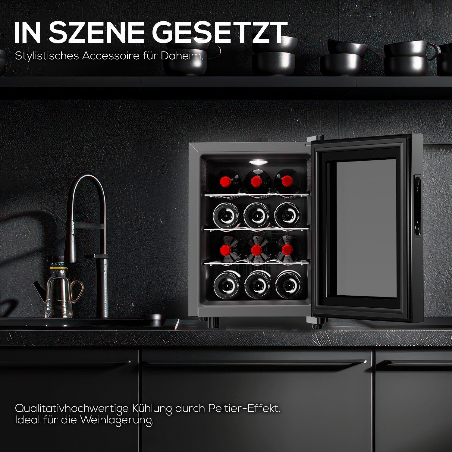 TroniTechnik Weinkühlschrank Bordeaux mit 31 Liter Fassungsvolumen für 12 Flaschen,Temperatur von 5°C bis 18°C, mit LED – Bild 4 von 5
