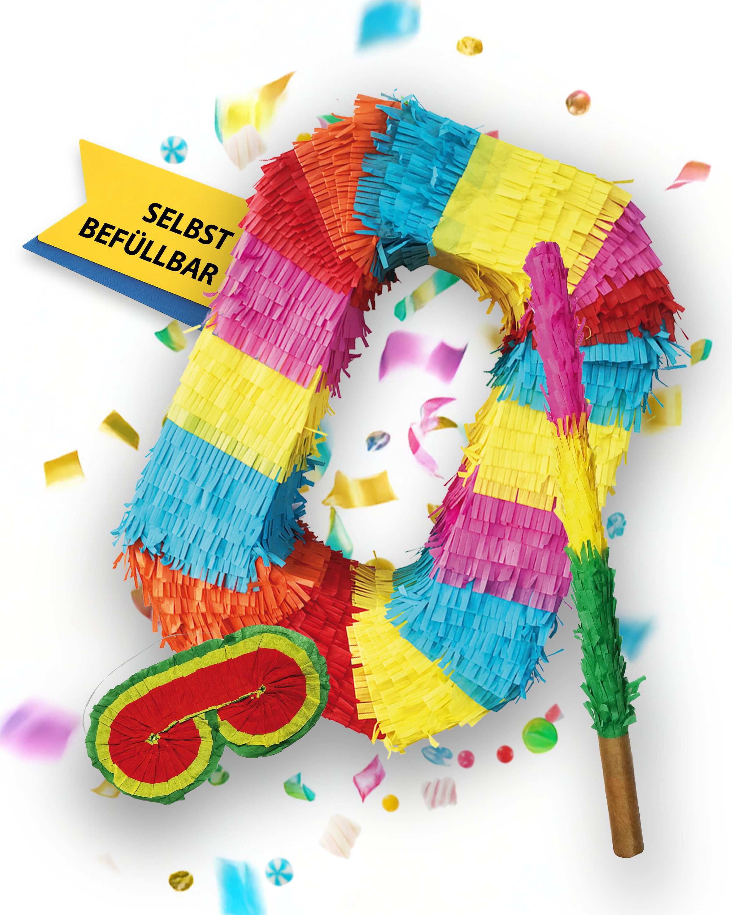 Party Factory Pinata Piñata Zahl 0 mit Stab & Maske – Geburtstags-Dekoration zum Befüllen, 50 x 35 x 8cm