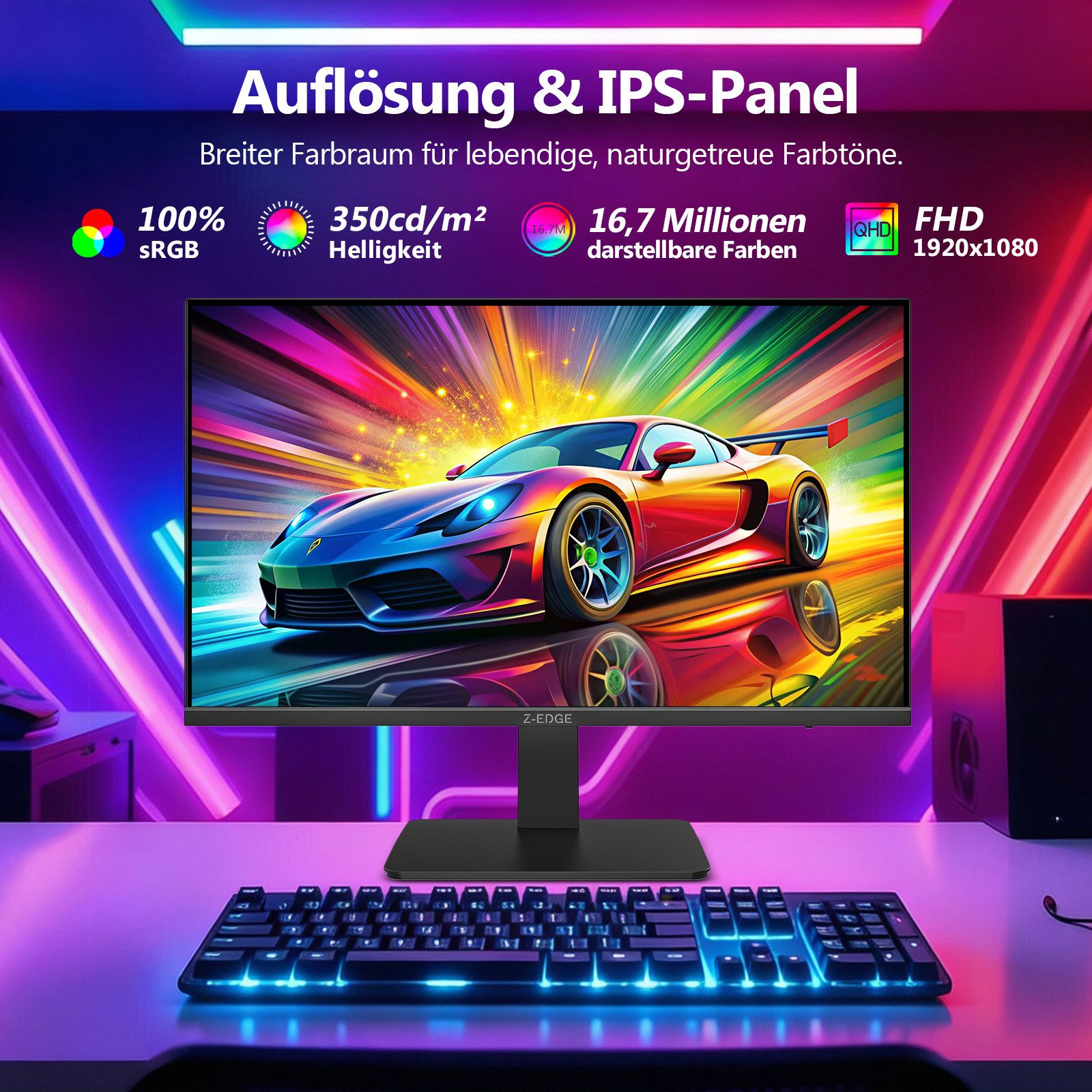Z-EDGE 24‑Zoll IPS Monitor mit 180 Hz & 1 ms MPRT Gaming-Monitor (60,96 cm/24 ", 1920×1080 px, Full HD, 1 ms Reaktionszeit, IPS, Full‑HD, FreeSync‑HDR & schmaler Rahmen)