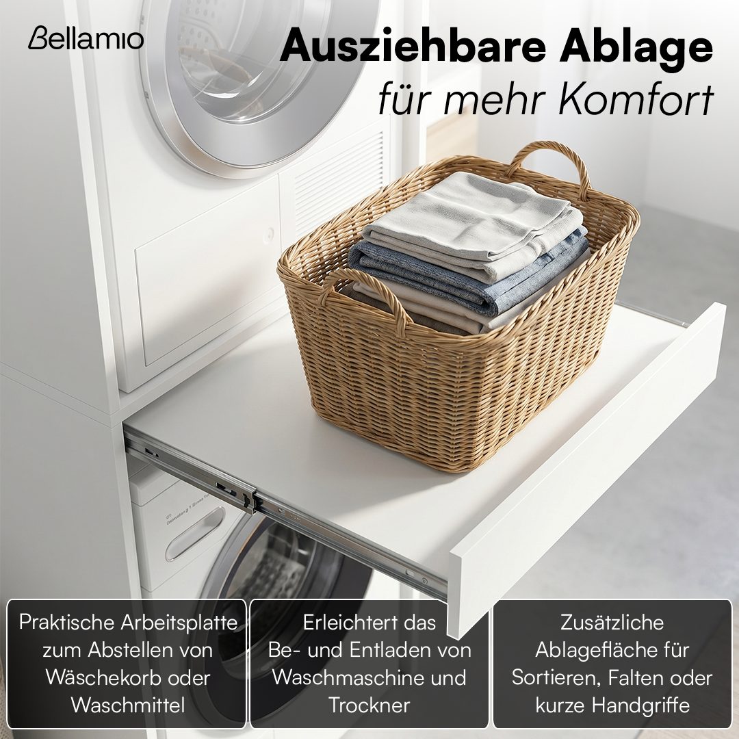 Bellamio Waschmaschinenumbauschrank Vist, Waschturm für Waschmaschine & Trockner mit ausziehbarer Ablage (187 x 65 x 66 cm (HxTxB), weiß) Hochschrank kompatibel – Bild 3 von 5