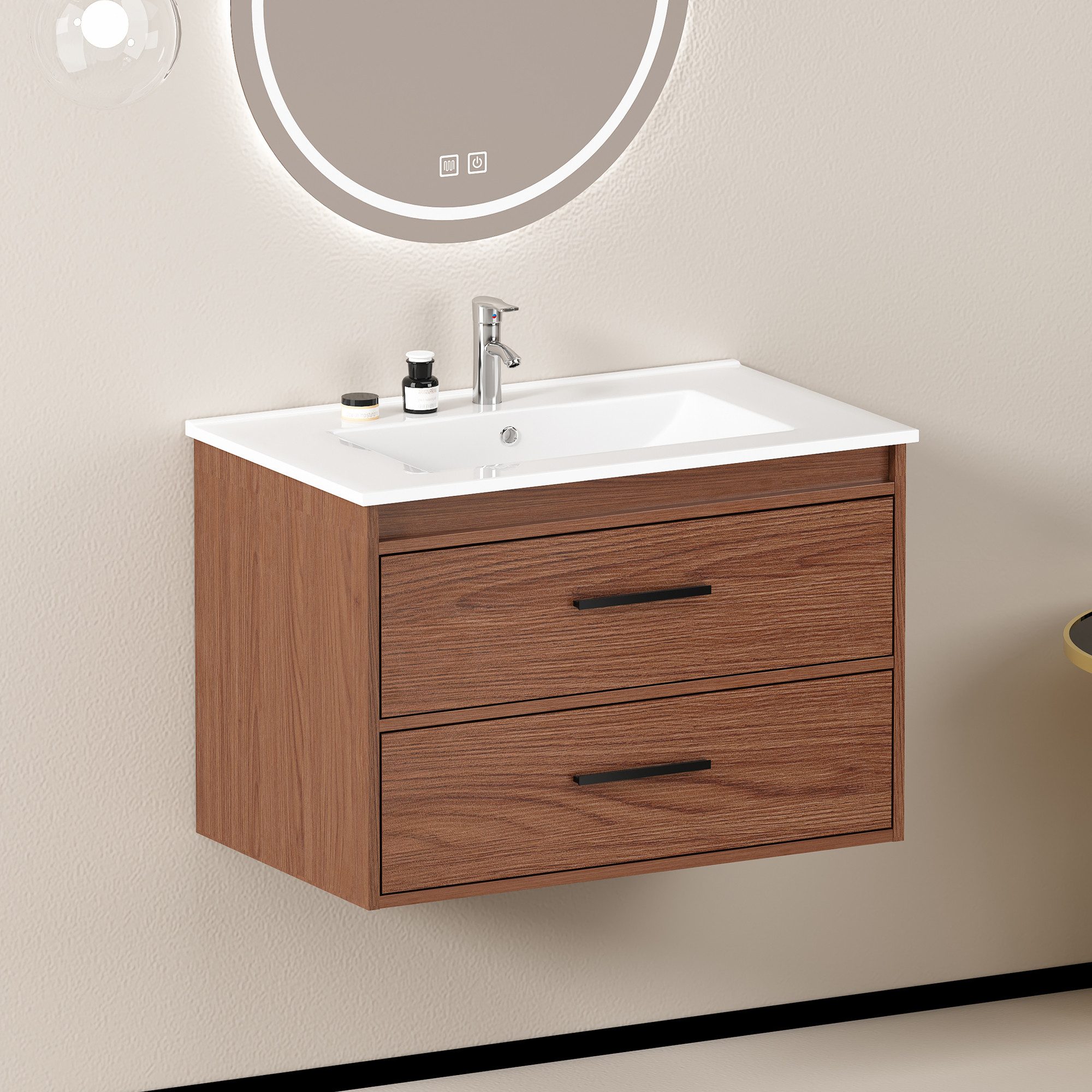 OKWISH Badkommode 75 cm mit 2 Schubladen – Badezimmer in Rotbraun (Packung, 1 St., Reichhaltiger Stauraum für Badutensilien), Pflegeleichtes Design, ideal für Badezimmer & Gästebad