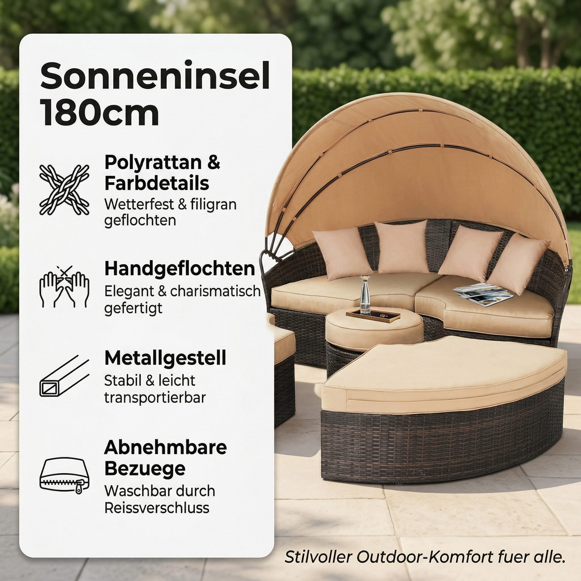 Mucola Gartenlounge-Set Sonneninsel 180CM Polyrattan Gartenmuschel Gartenliege Loungebett, (Stück, Exklusiv), Wasserabweisend