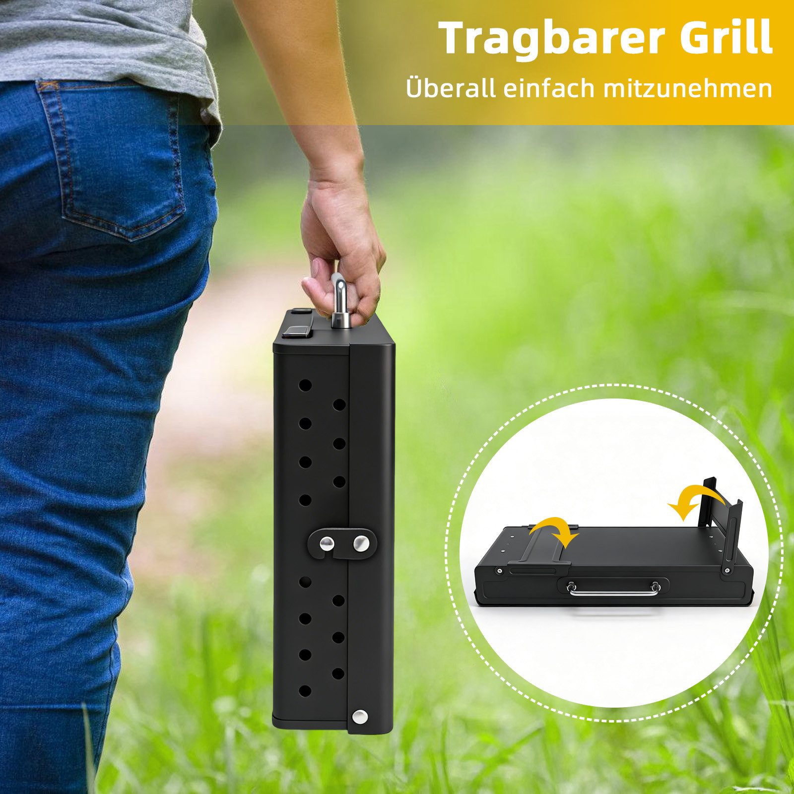 SunJas Holzkohlegrill K-501 Klappgrill Campinggrill Grillfläche:50cm*27cm, Reisegrill, Tragbarer grill BBQ Grill für 3-5 Personen, 2-stufige Rosthöhenverstellung