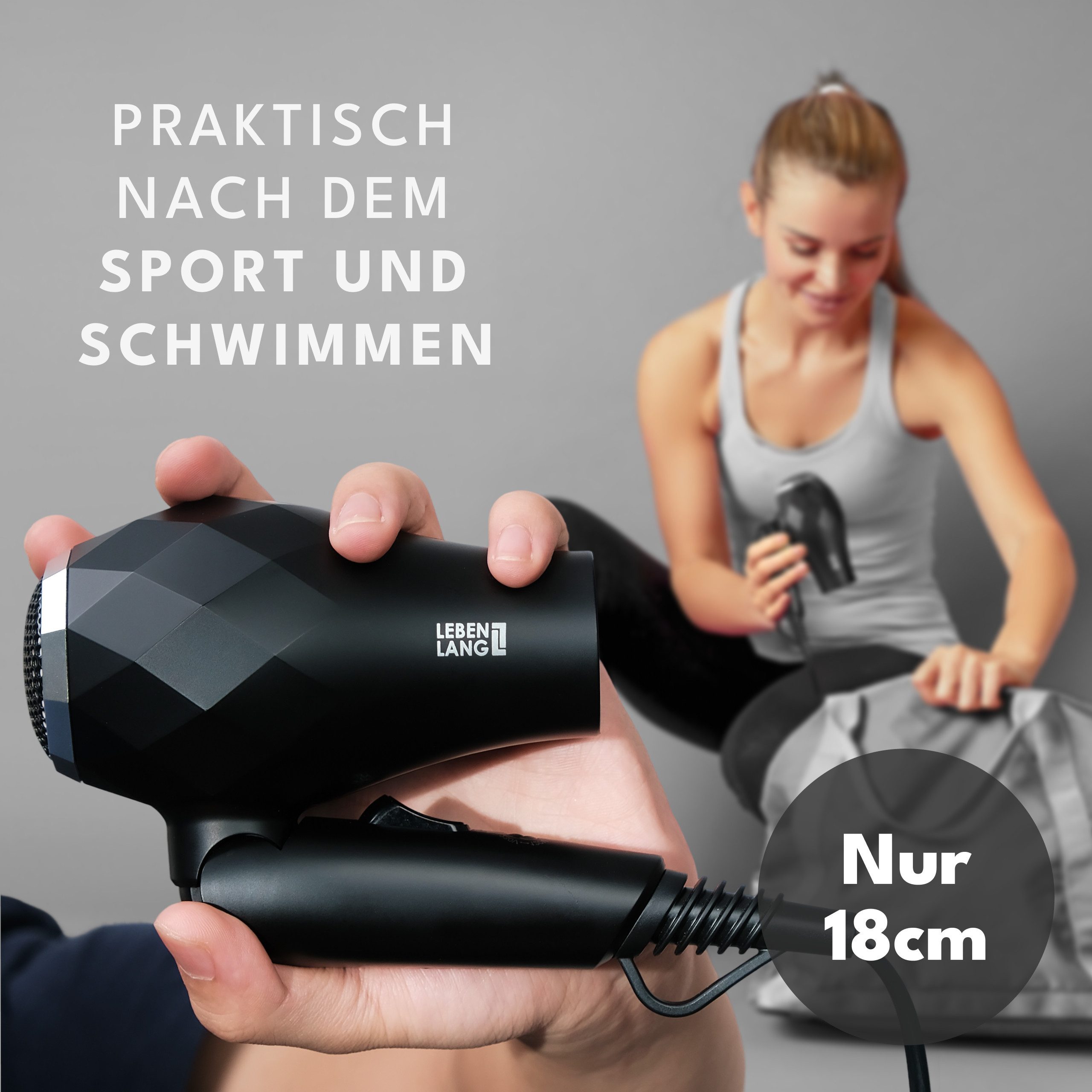 Lebenlang Reisehaartrockner klappbar klein -, 1000,00 W, Duale Spannung & Inkl. Reisetasche mit Stylingdüse, Leichtes Gewicht