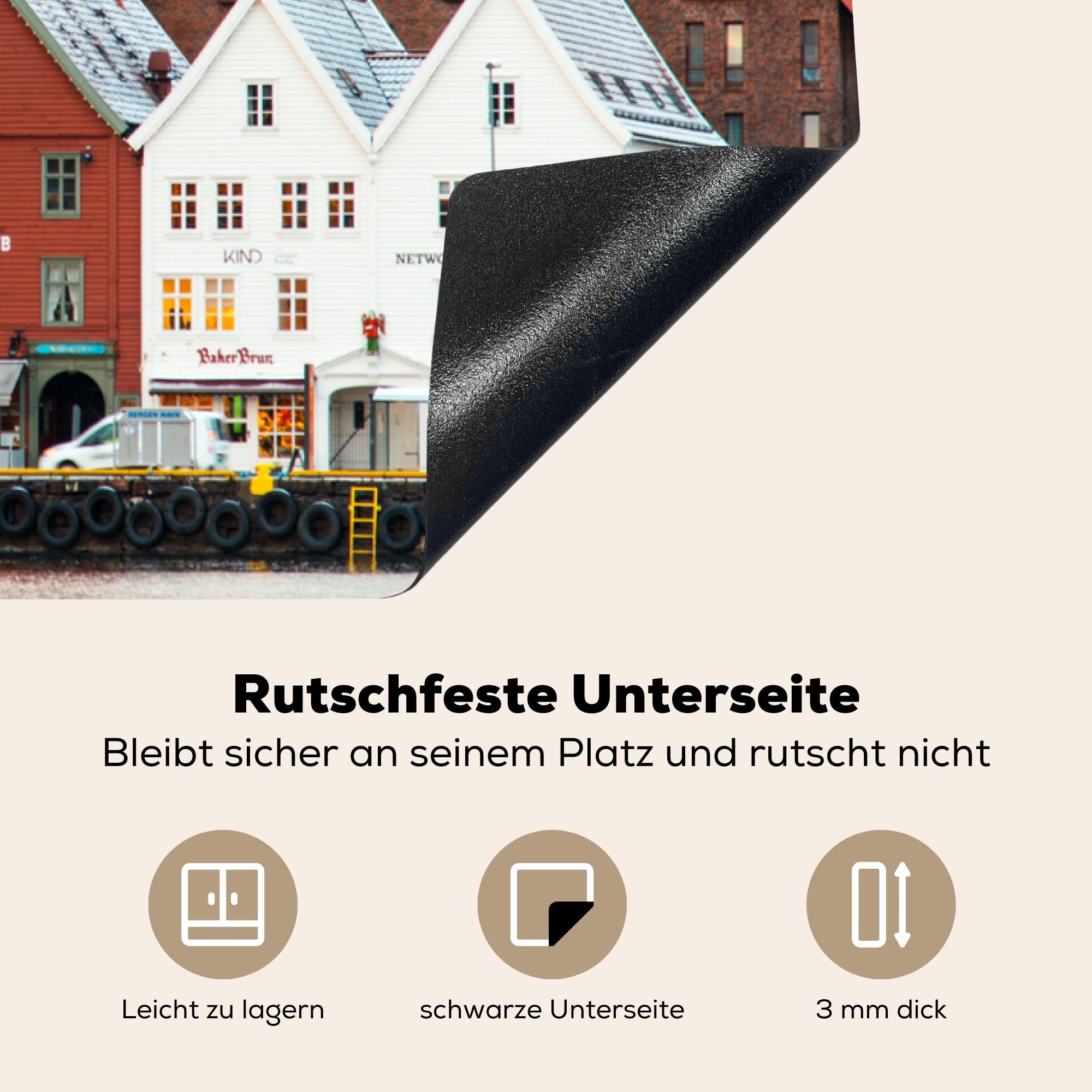 MuchoWow Herdblende-/Abdeckplatte von Ceranfeldabdeckung, 83x51 Vinyl, küche Bryggen für Arbeitsplatte (1 Winteransicht in Norwegen, cm, tlg)