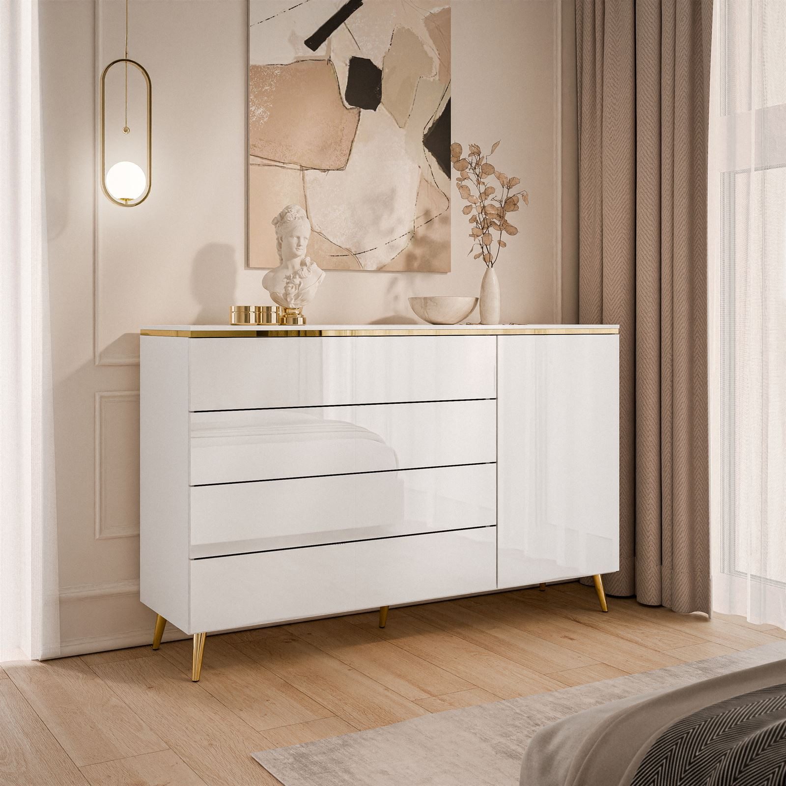 Lookway Kommode AURORA 4S1D weiß glänzend Anrichte mit Schubladen