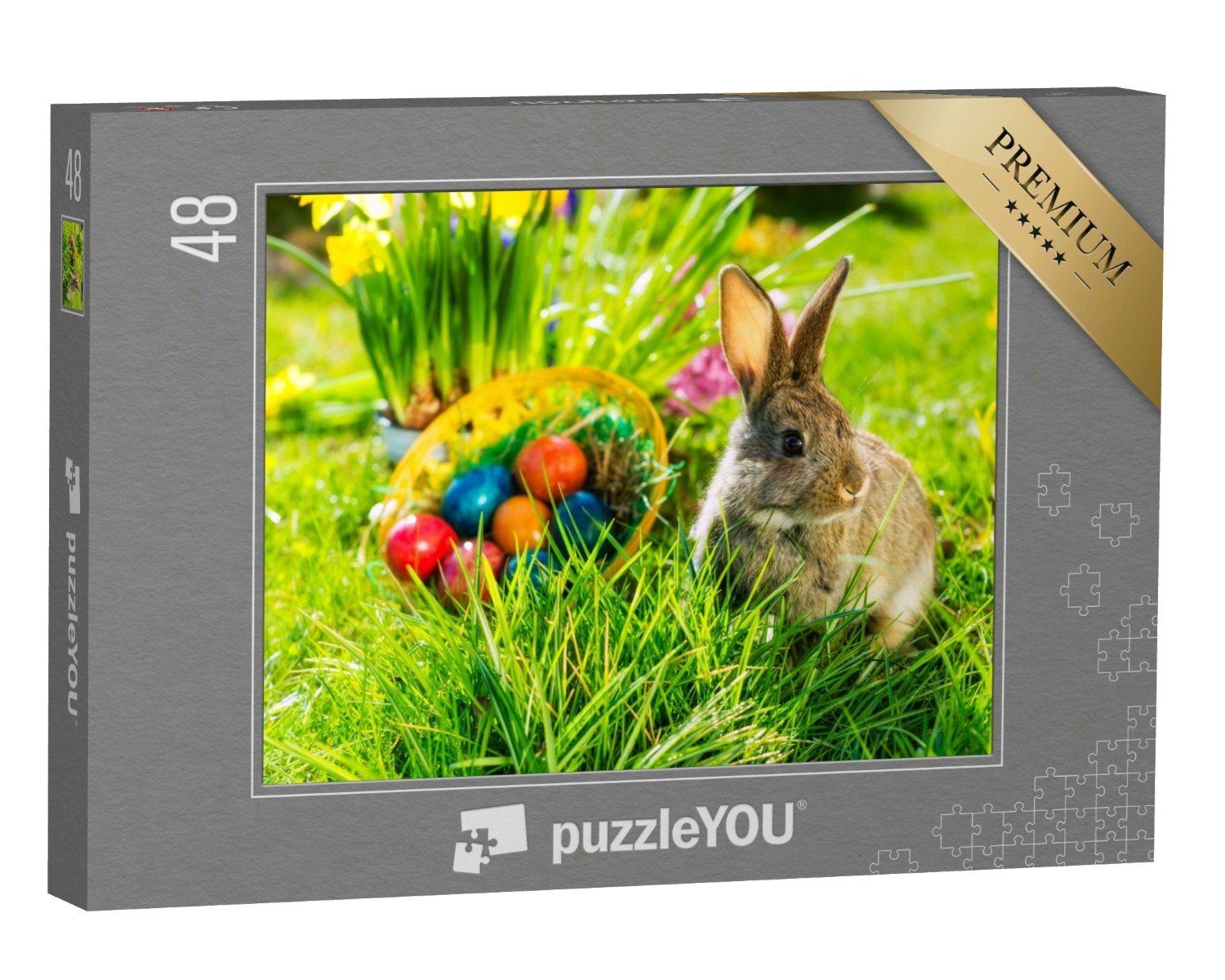 puzzleYOU Puzzle Osterhase mit Ostereiern auf einer Frühlingswiese, 48 Puzzleteile, puzzleYOU-Kollektionen Festtage