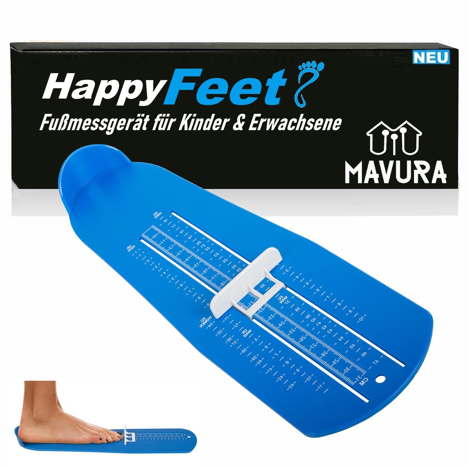 MAVURA Messschieber HappyFeet Fußmessgerät Fußmesser Schuhgrößentabelle, für Kinder & Erwachsene, - Messbereich Schuhgröße 15 bis 48