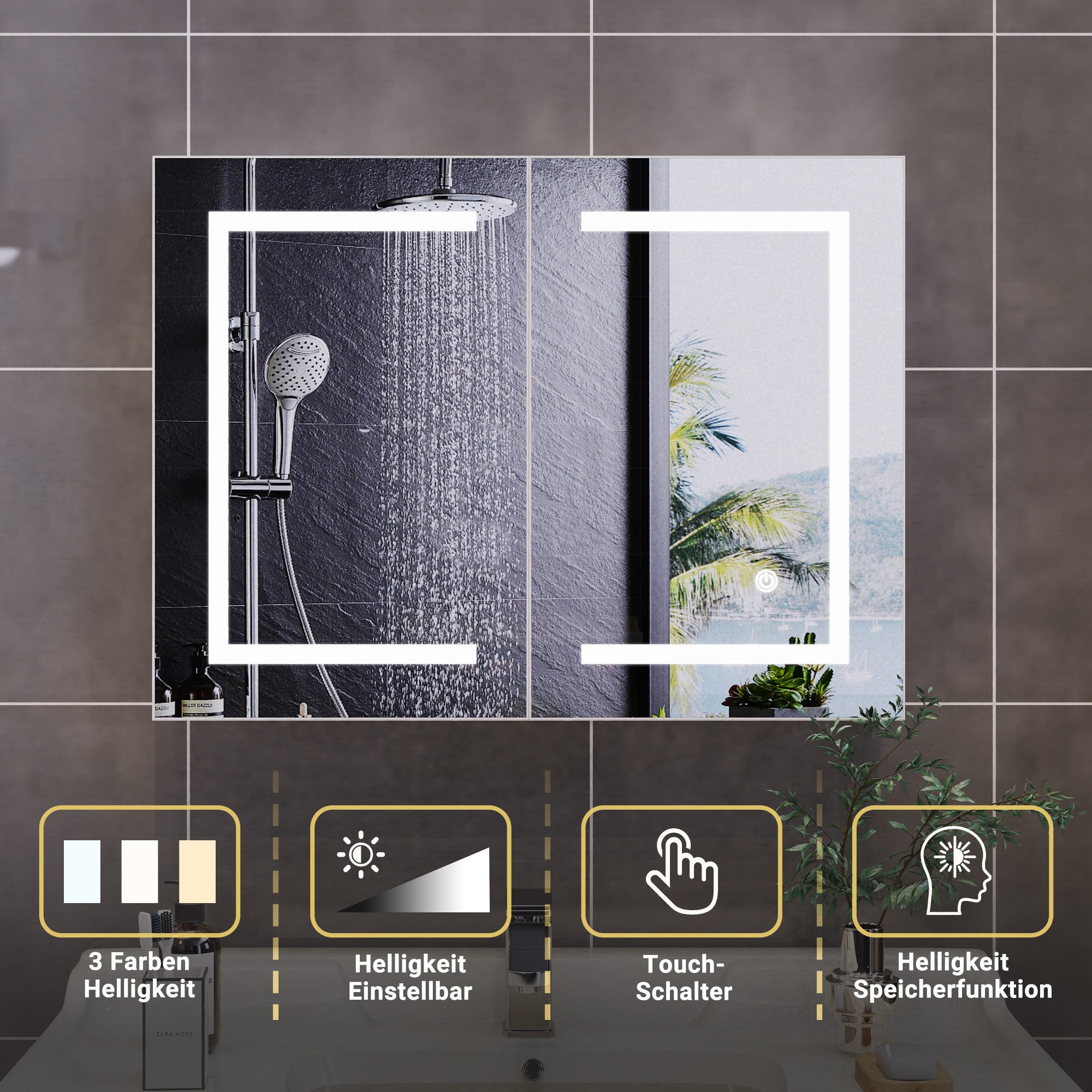 zebery Spiegelschrank Badezimmerschrank mit LED-Beleuchtung (Set, 1-St., Badezimmerspiegelschrank mit Spiegel und 2 Türen) Wandschrank mit 3 Ablage, Touchschalt – Bild 2 von 5